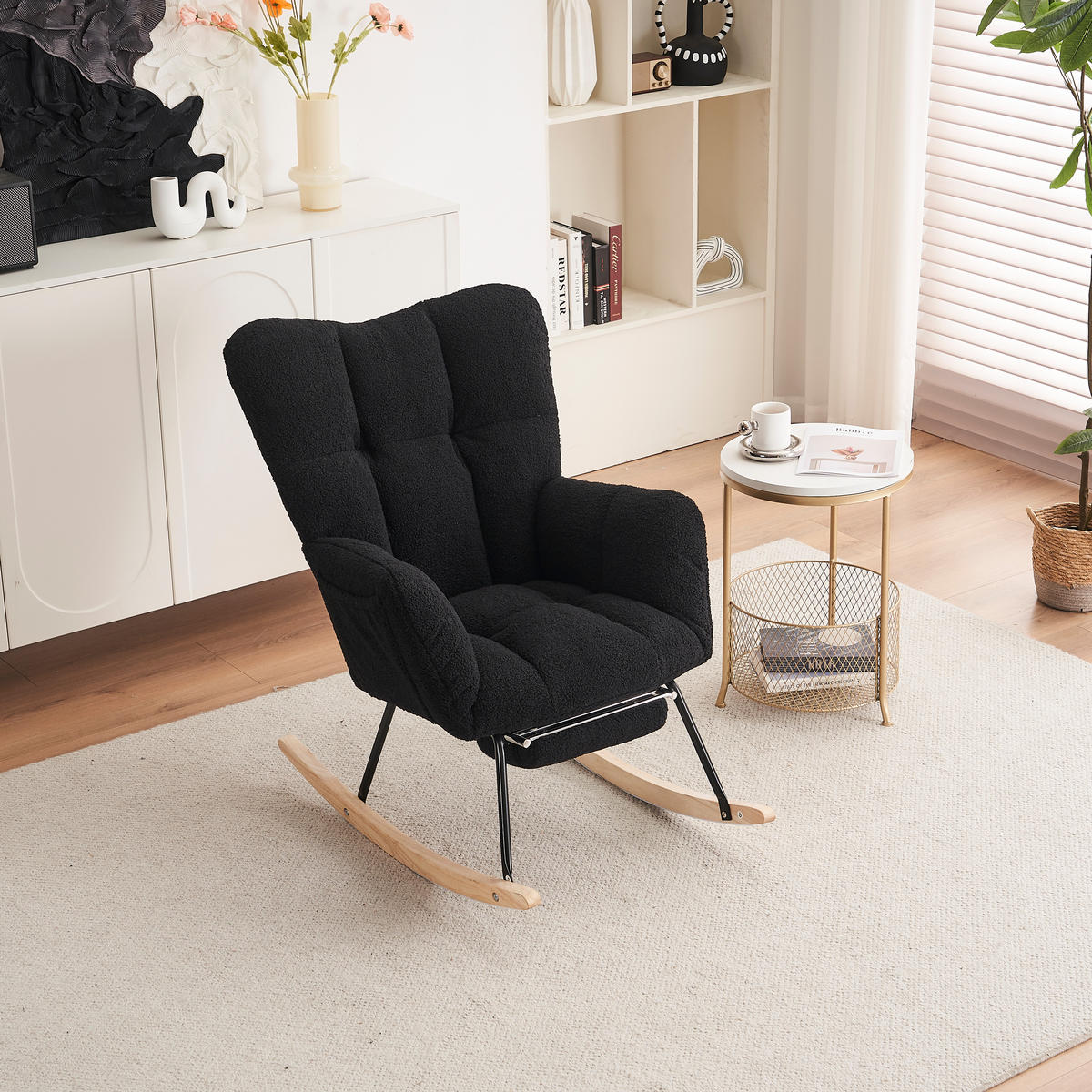 SCHAUKELSTUHL Teddy-Stoff mit klappbarer Fußablage 80/98/98.5 cm Schwarz - Schwarz, Textil (98/98.5/80cm) - Redom