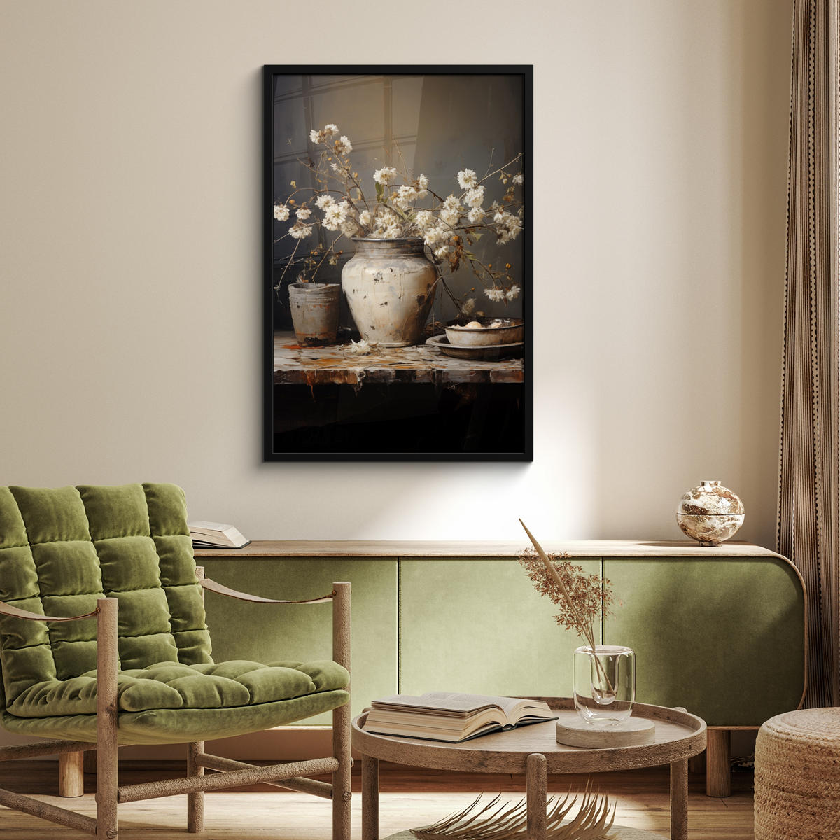 ZARÁMOVANÝ PLAGÁT Zátišie - Kvety - Kytica - Váza - Víno 60x90 cm - čierna, papier (60/90cm) - MuchoWow