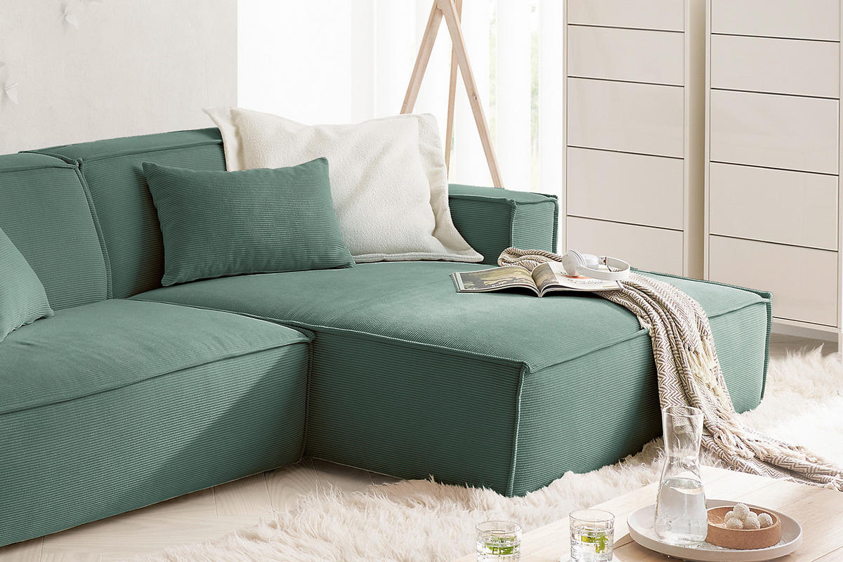 ECKSOFA SAMU Grün Cord - Schwarz/Grün, Textil (276/168cm) - KAWOLA