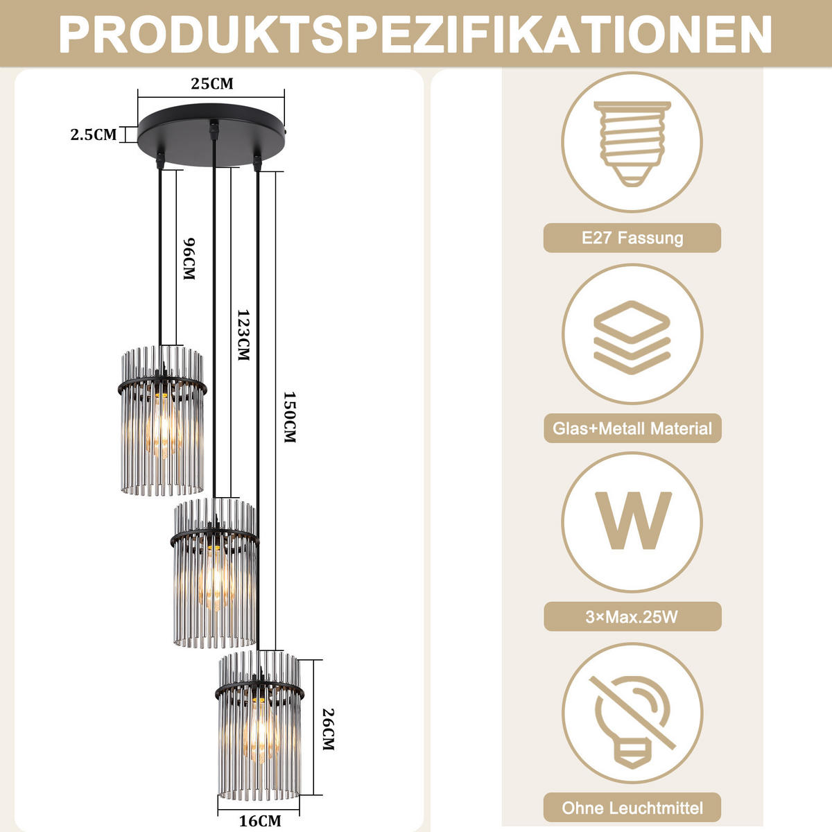 PENDELLEUCHTE John 25/25/150 cm - Schwarz, Glas (25/25/150cm) - ZMH