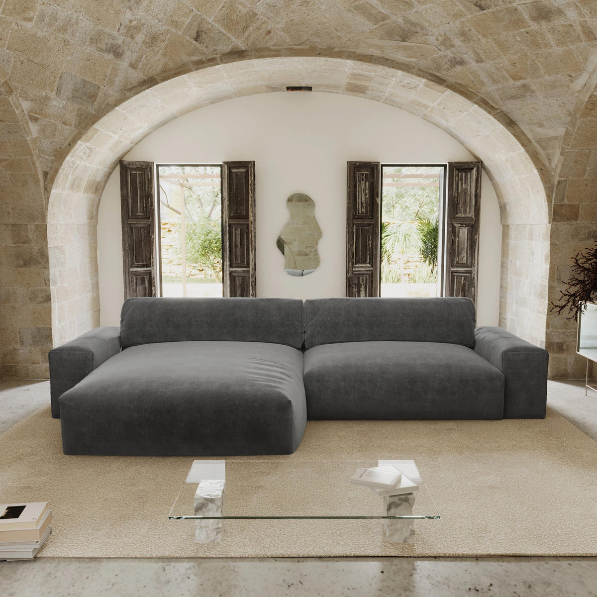 ECKSOFA LINKS Samt Graphitgrau 310cm - Graphitfarben/Grau, Textil (174/310cm) - Sia Home