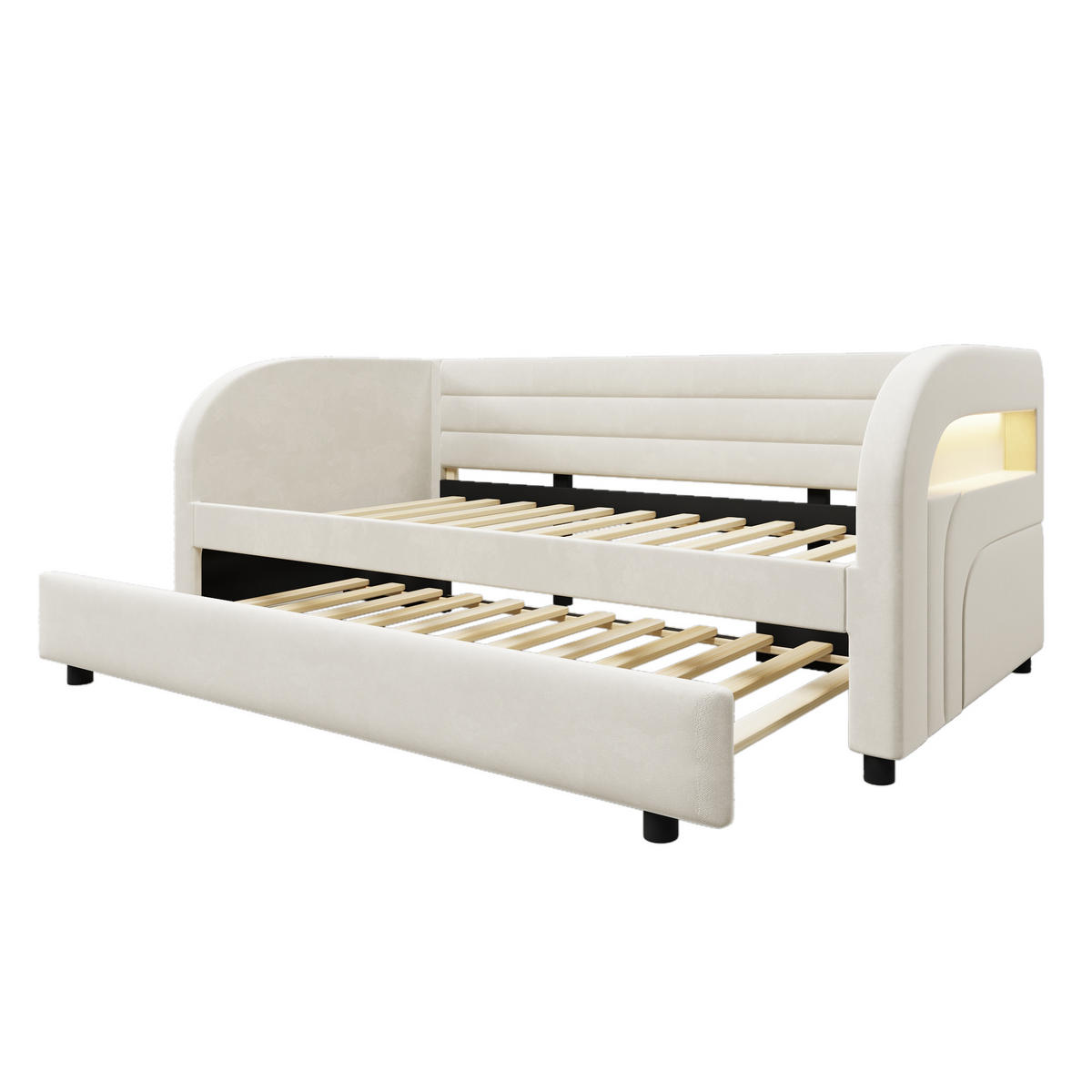 ČALOUNĚNÁ POSTEL 90/200 cm v béžové barvě s výsuvným lůžkem a LED - béžová, kov/kompozitní dřevo (90/200cm) - CHICFURN