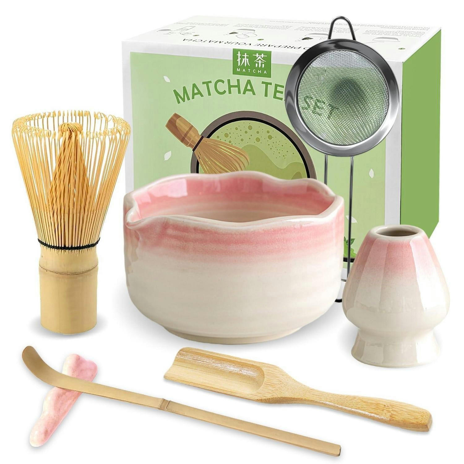 MATCHA Set 7-teilig mit Schale, Besen und Sieb Farbverlauf Rosa - Rosa, Keramik (15/10/15cm)