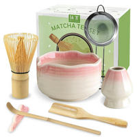 MATCHA Set 7-teilig mit Schale, Besen und Sieb Farbverlauf Rosa - Rosa, Keramik (15/10/15cm)