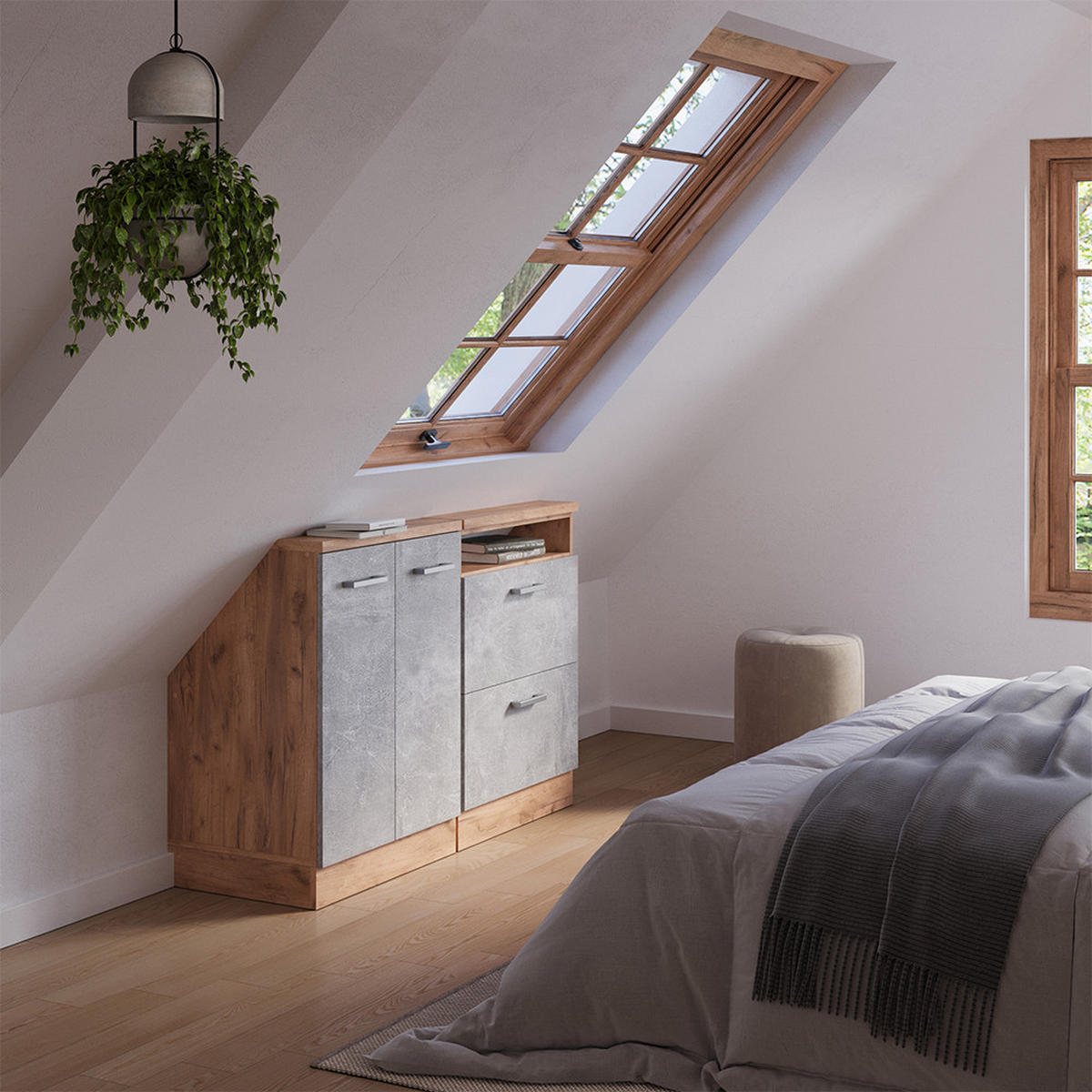 KUCHYŇSKÁ SKŘÍŇKA POD ŠIKMOU STŘECHU R-Line Beton/zlatý dub - šedá/medově dubová, kompozitní dřevo (120/81.6/46cm) - Vicco