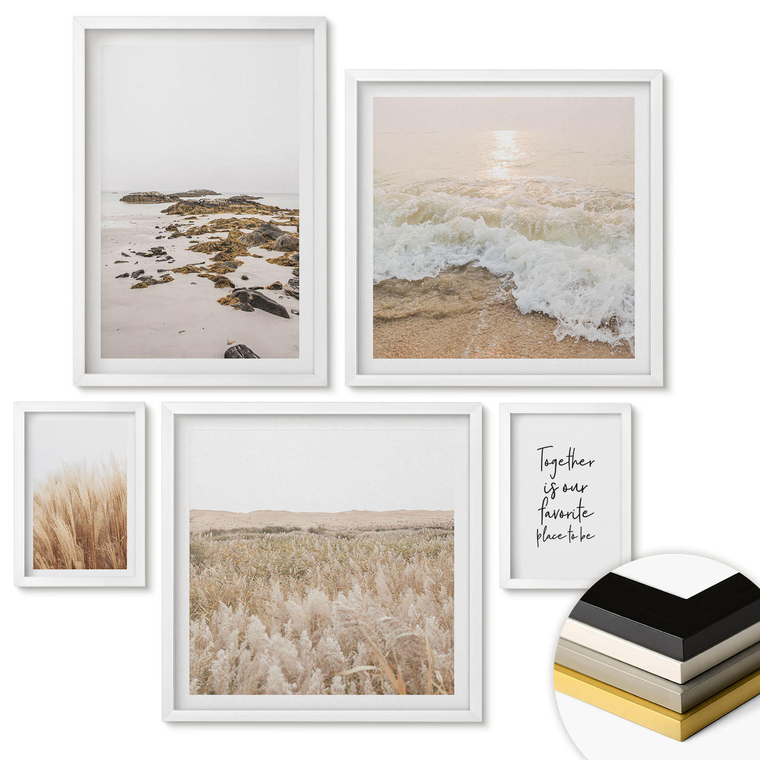 WANDBILDER 5er-Set - 50x50 cm & 20x30 cm & 40x60 cm Weißer Rahmen - Wiesen, Strand, Boho-Stil - Weiß, Kunststoff (40/60cm) - ArtPrintCave