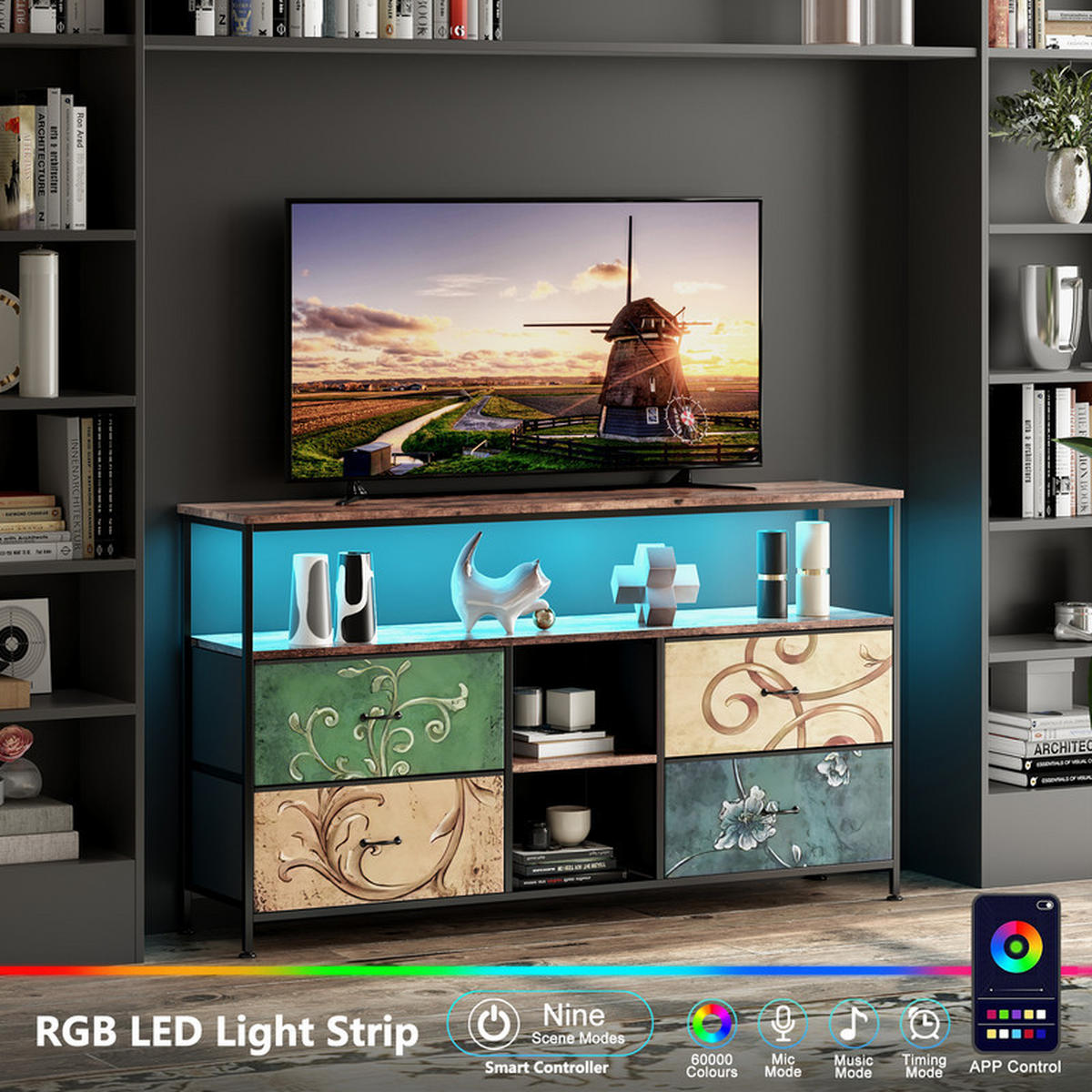 LOWBOARD, 108 x 30 x 76.8 cm, mit 4 Stoffschubladen und LED-Lichtern, Metallrahmen Vintage für Wohnzimmer - Blaugrau, Metall (29.8/76.8/108cm) - WoodenAura