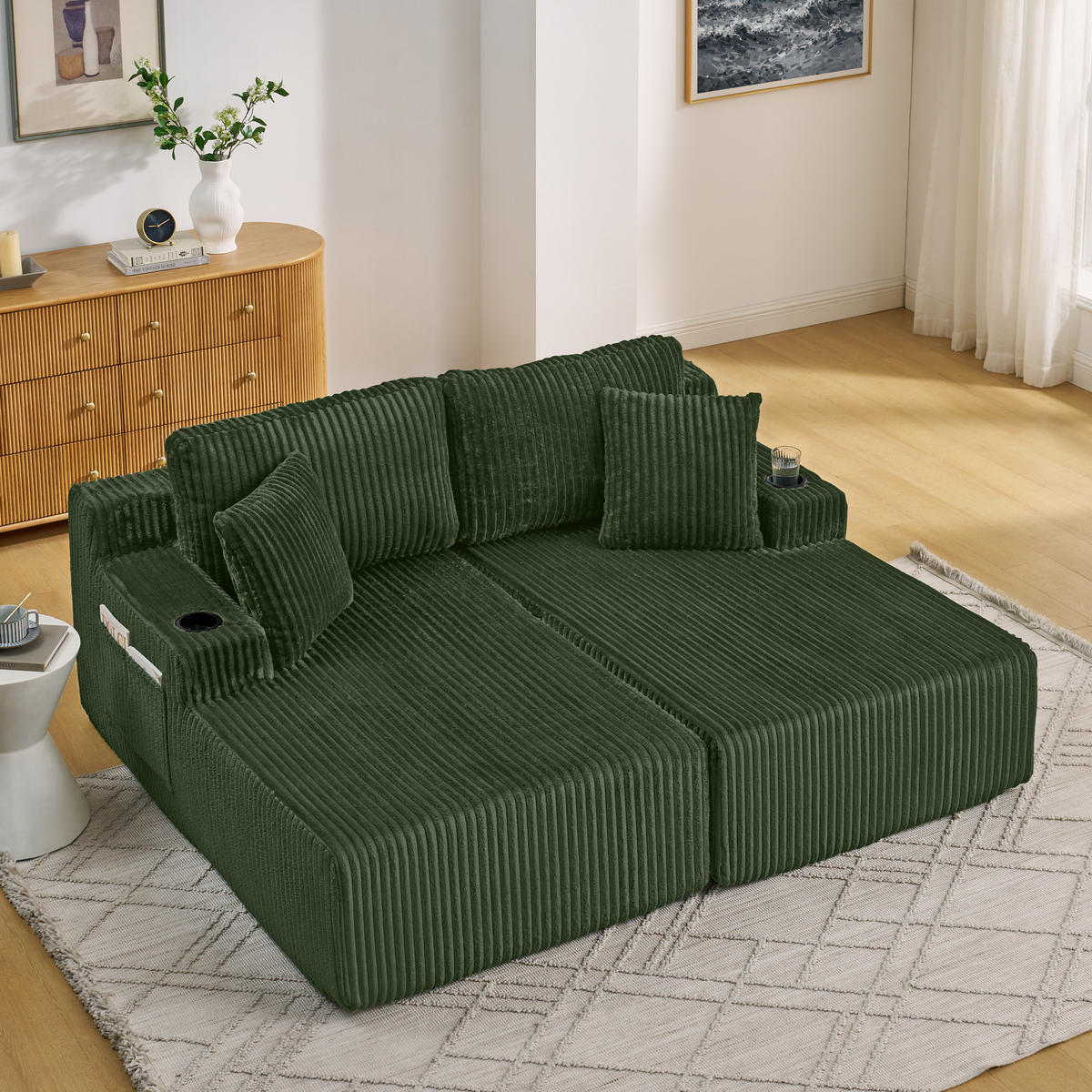SCHLAFSOFA 186/154/78 cm Grün Cord mit seitlicher Magazintasche und Getränkehalter - Grün, Textil (186/78/154cm) - Oxeza