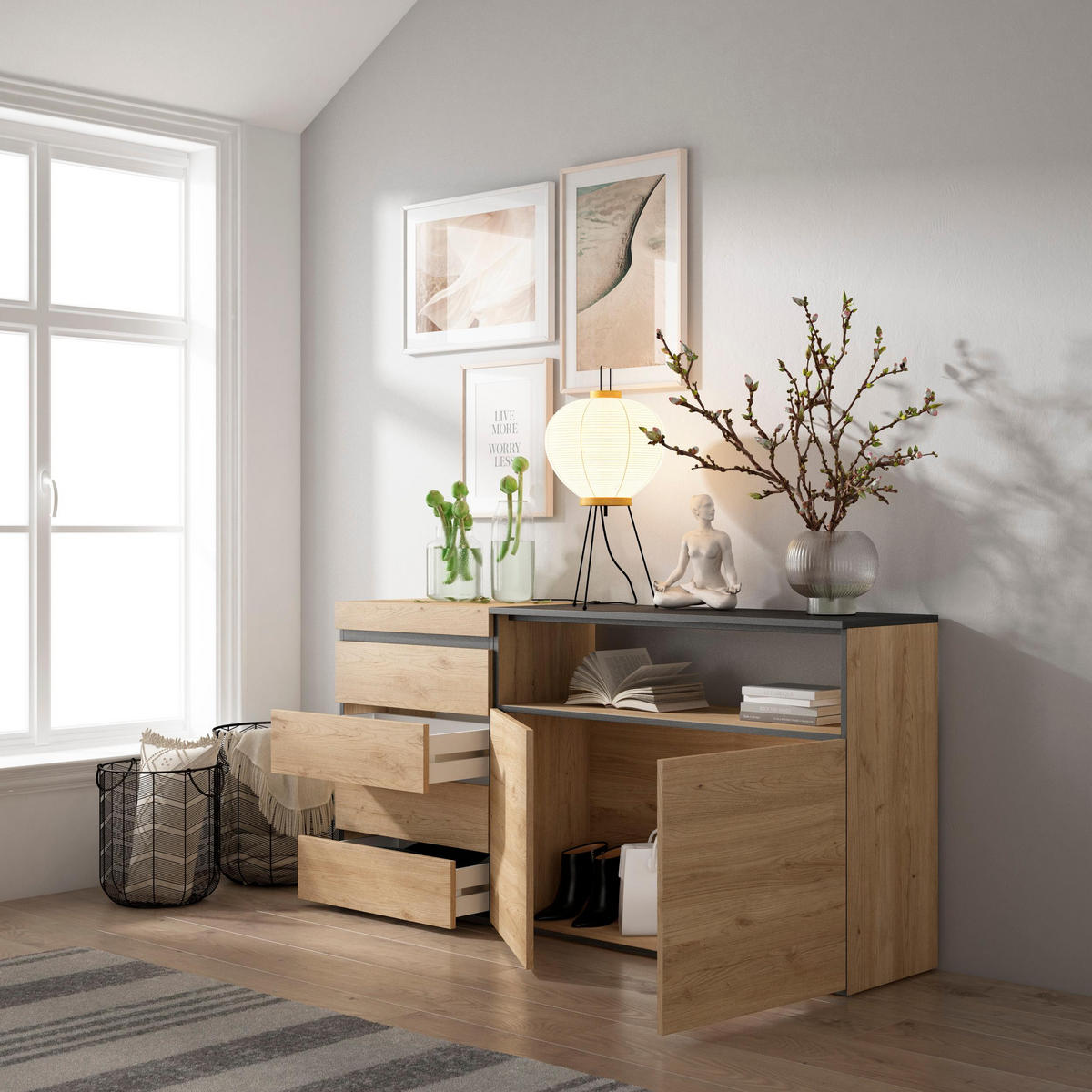 KOMMODE mit Schubladen, Sideboard Schrank, eiche, 158/35/75cm - Eichefarben, Holzwerkstoff (158/75/35cm) - Skraut Home