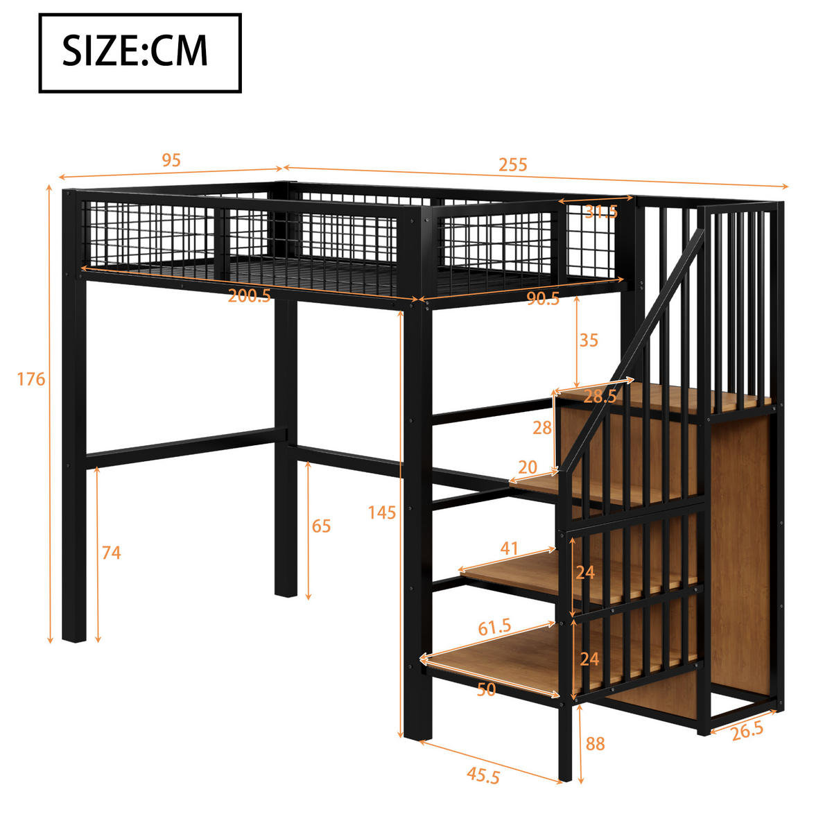 HOCHBETT 90/200 cm aus Metall mit Leiter und Kleiderschrank in Schwarz - Schwarz, Metall (90/200cm) - Flora Grace