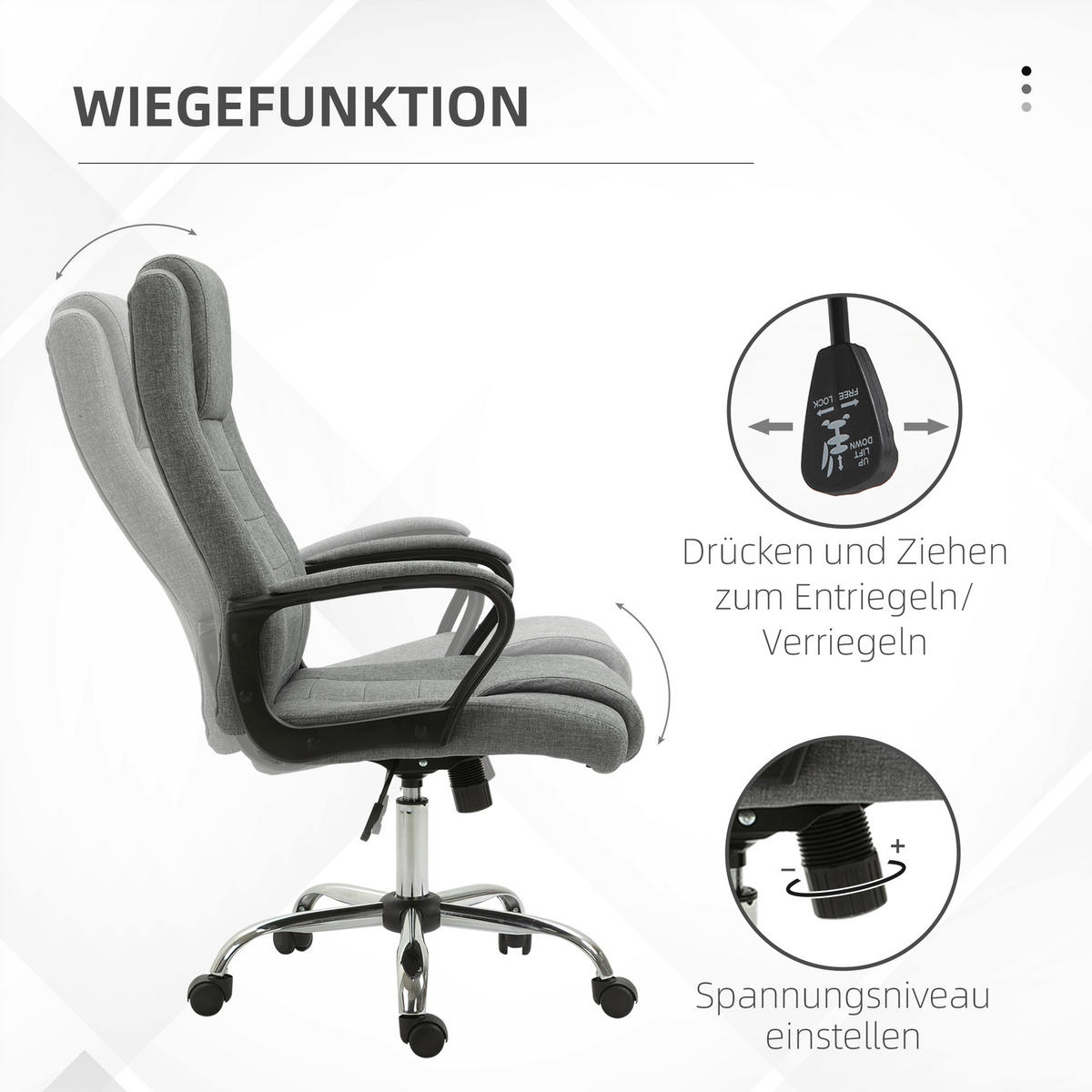 BÜROSTUHL Computerstuhl mit Wippenfunktion höhenverstellbar drehbar Leinen-Touch - Dunkelgrau, Kunststoff (62/119/76cm) - Vinsetto
