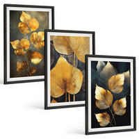 BILDER SET 3er Set - 40x60 cm Schwarzer Rahmen - Gelbe Blätter auf dunklem Hintergrund - Schwarz, Kunststoff (40/60cm) - TULUP