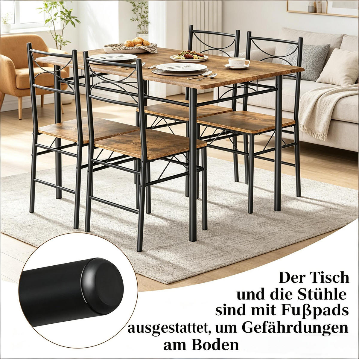 ESSGRUPPE DE-39311 110/70 cm Tisch mit 4 Stühlen Schwarz - Schwarz, Metall (110/76/70cm) - ComfortXL