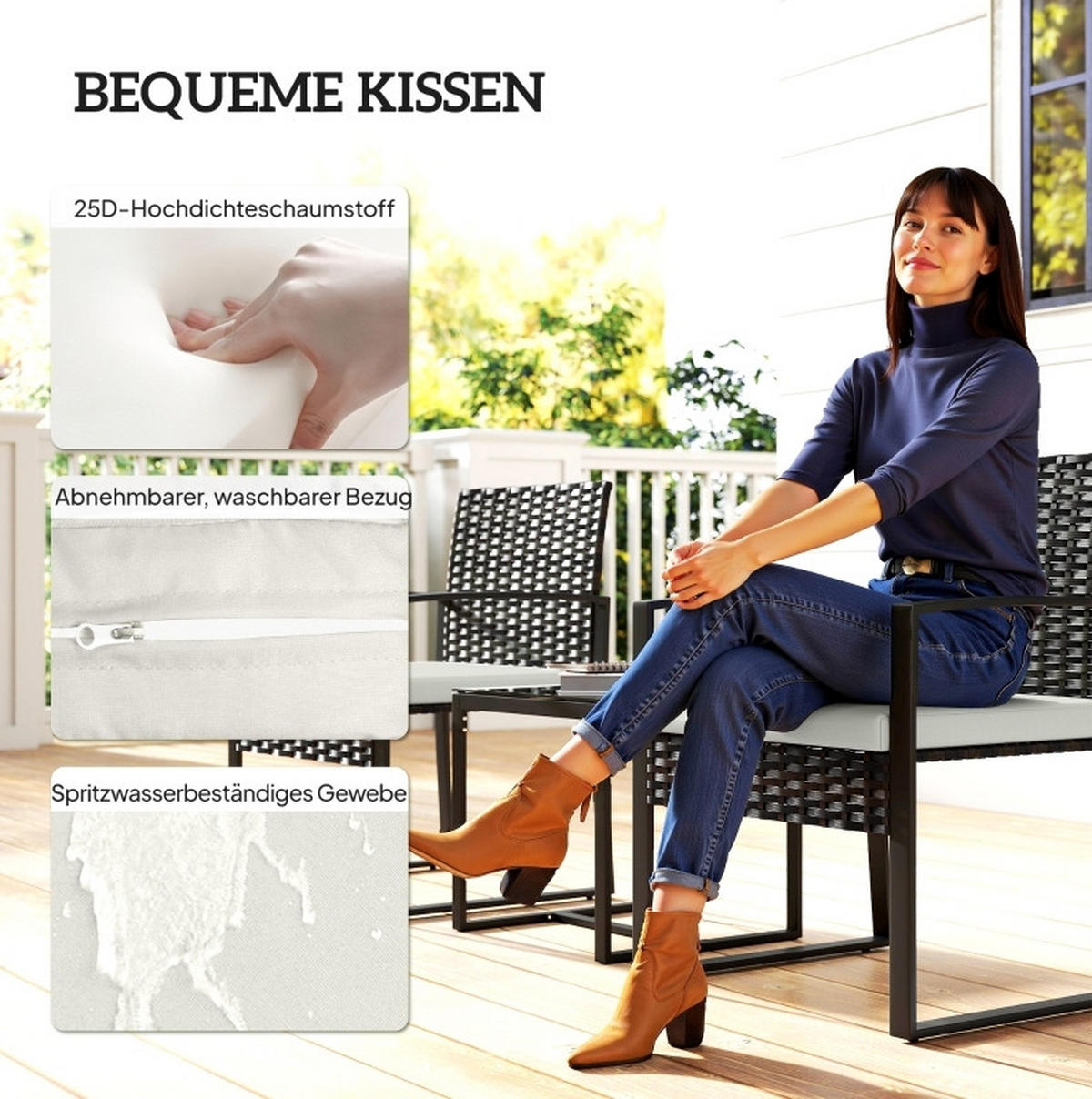 GARTENSET aus Stahl 55x58x76 cm Cremegrau mit 2 Sesseln, Tisch und abnehmbaren Kissenbezügen - Braun, Metall - Modfu