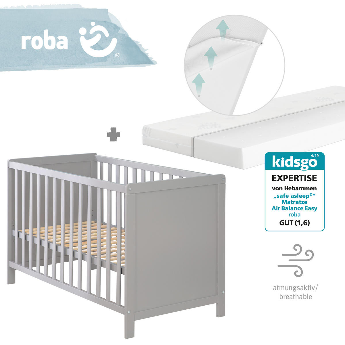 BABY- & BEISTELLBETT mit Matratze 'safe asleep®' - Taupe, Holzwerkstoff (60/120cm) - Roba
