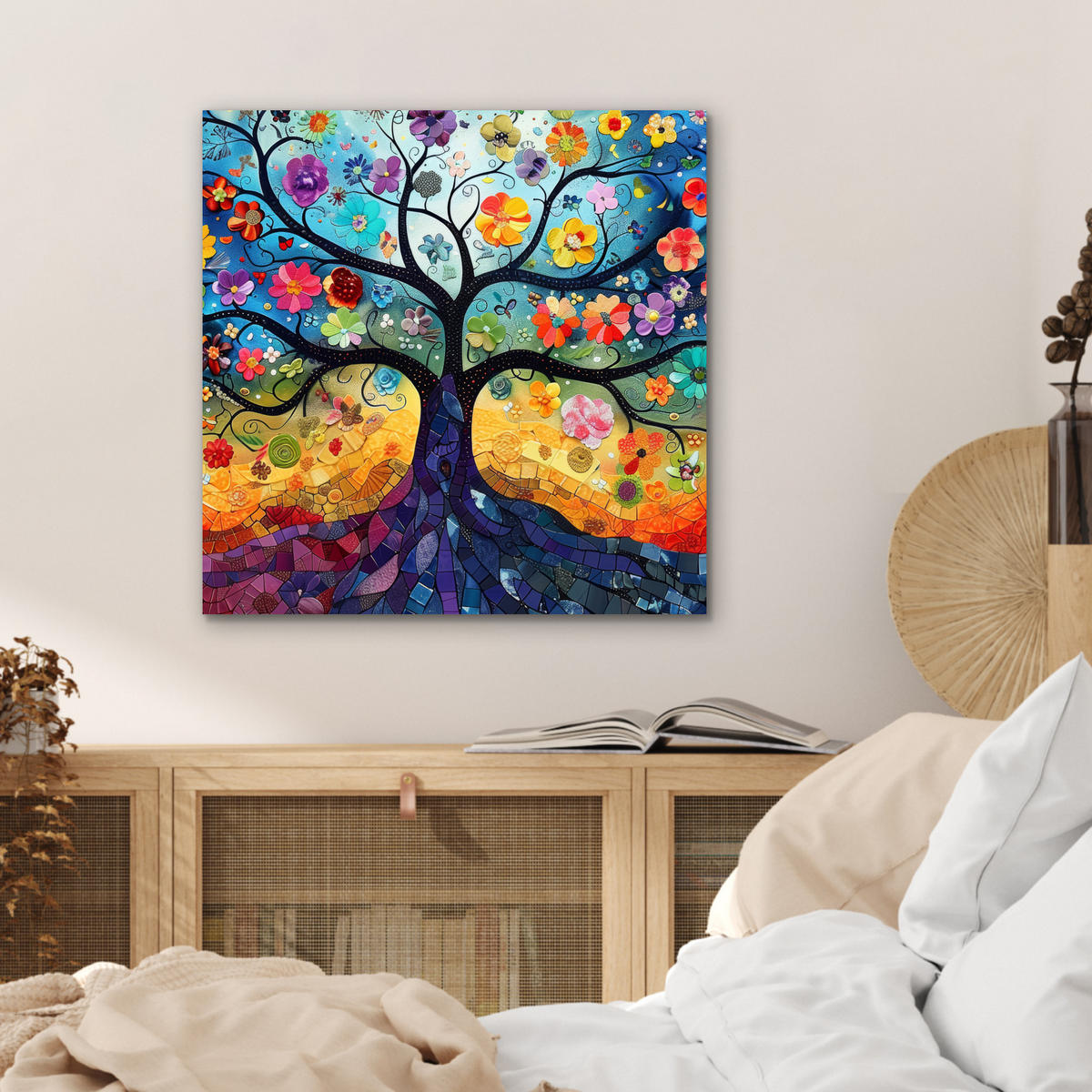 KOVOVÝ OBRAZ Umenie - Strom života - Kvety - Hippie 50x50 cm - tmavomodrá, kov (50/50cm) - MuchoWow