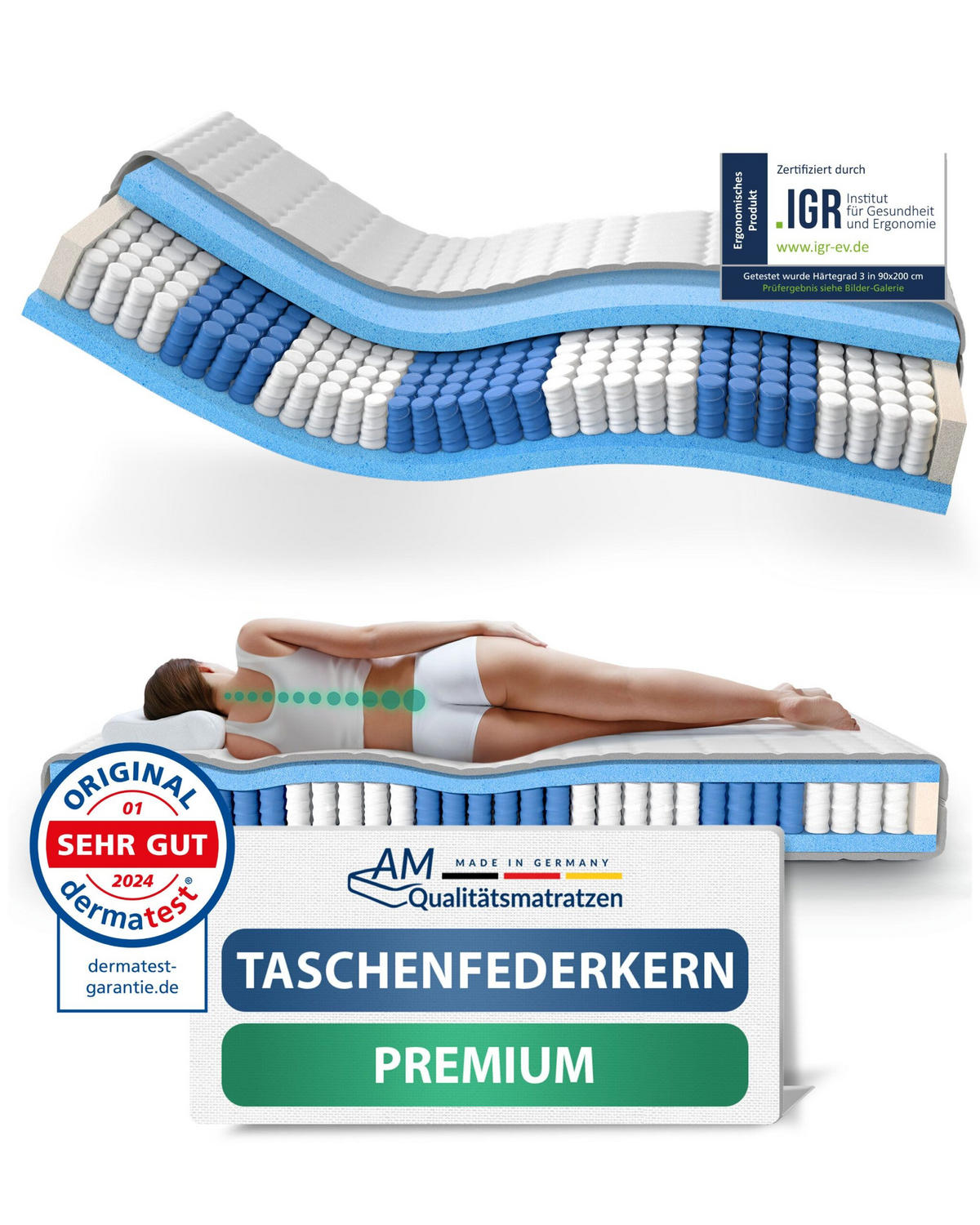 TASCHENFEDERKERNMATRATZE Premium 140/200 cm H3 - 24cm Höhe & Tencel Bezug - Weiß, Textil (140/200cm) - AM Qualitätsmatratzen