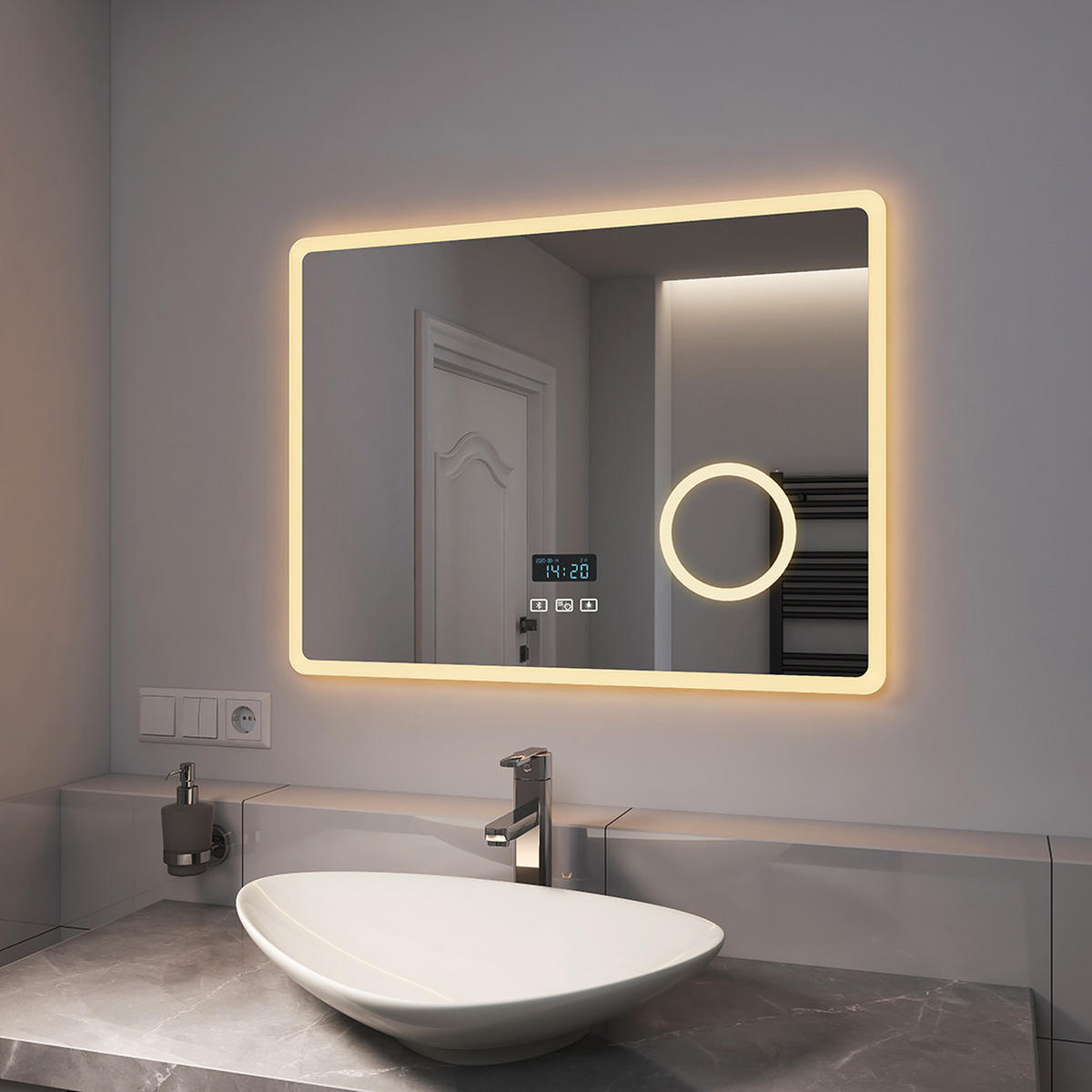 BADSPIEGEL mit 3-Tasten-Bluetooth Beleuchtung mit Integriertem Schminkspiegel 80/60 cm - Weiß, Glas (60/3.5/80cm) - EMKE
