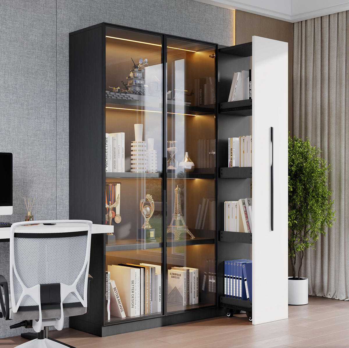 ORMAR 110,5/35/160 cm, MDF i staklo, crna/bijela, s LED rasvjetom i izvlačnim dijelom - crna, drvni materijal (110.5/160/35cm) - BEAOK