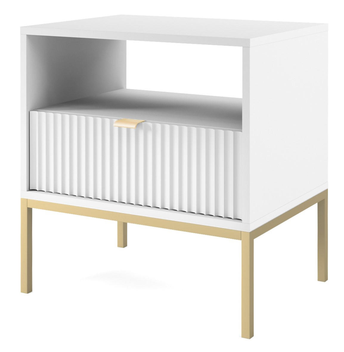 NACHTTISCH Kioto in Weiß mit goldenen Beinen + goldener Griff mit geriffelter Front - Goldfarben/Weiß, Holzwerkstoff/Metall (54/56/39cm) - Ravio