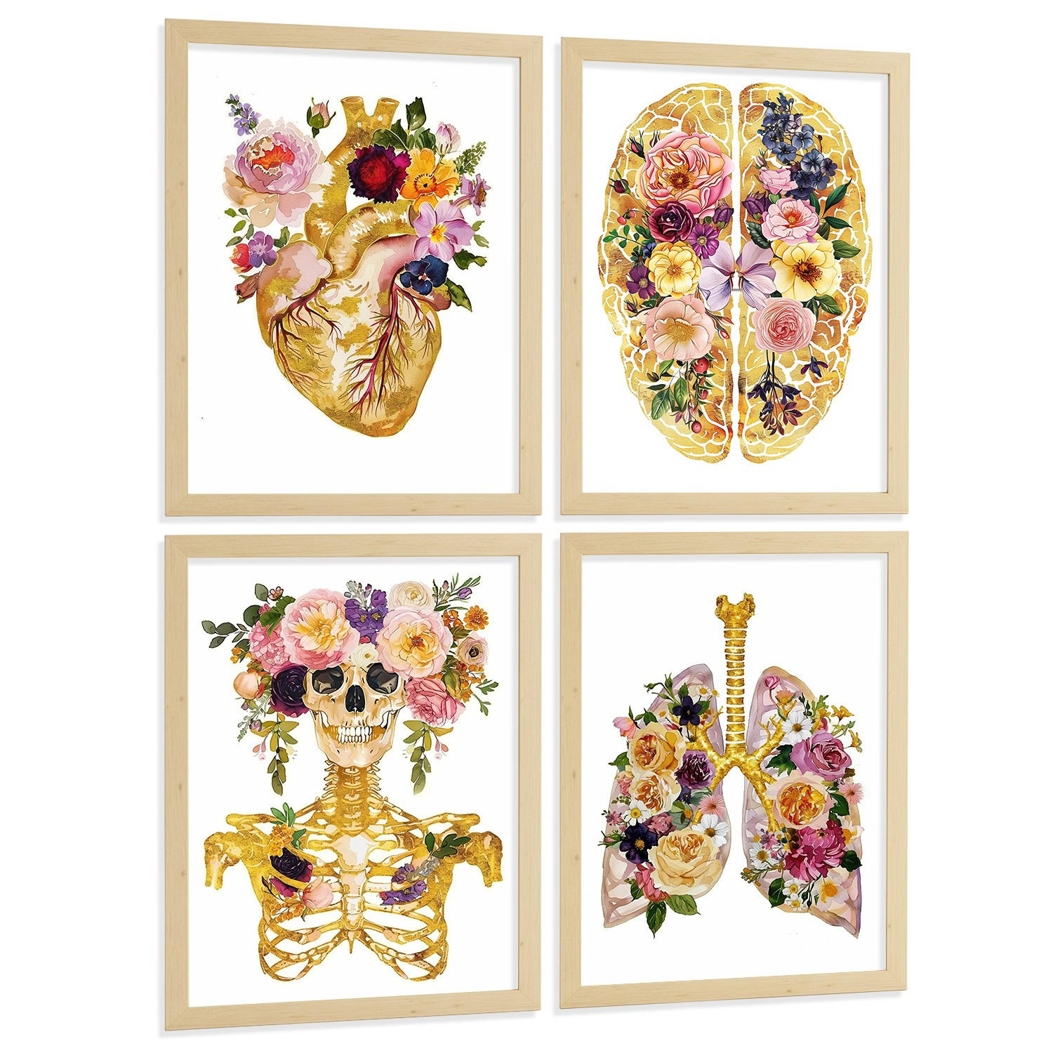 POSTER Set aus 4 Anatomie Mensch Drucke und Wandbilder mit Herz Gehirn Schädel Lungen Luftröhre Bronchien Goldener Floraler Stil Größe Rahmenlos A3 - Klar, Papier (29.7/42/3cm) - Nacnic