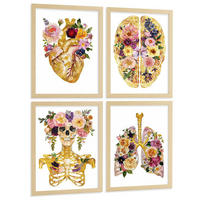POSTER Set aus 4 Anatomie Mensch Drucke und Wandbilder mit Herz Gehirn Schädel Lungen Luftröhre Bronchien Goldener Floraler Stil Größe Rahmenlos A3 - Klar, Papier (29.7/42/3cm) - Nacnic