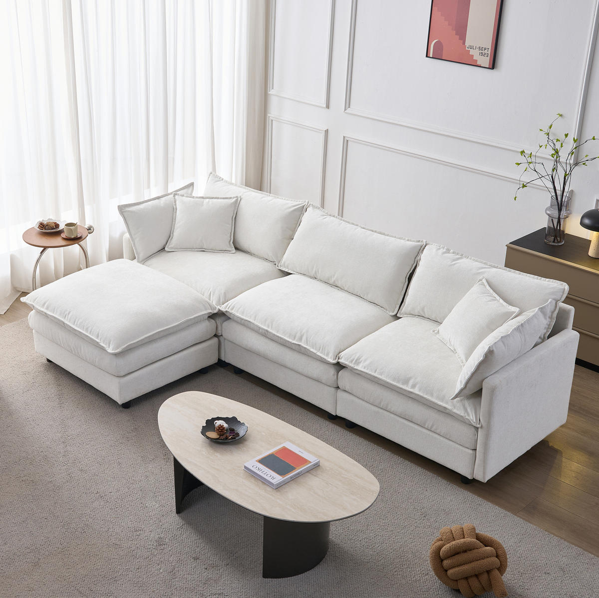ECKSOFA 3-Sitzer mit Hocker, modulares Design, Chenille-Bezug und Federkernpolsterung, Beige - Beige, Textil (267/154cm) - Redom