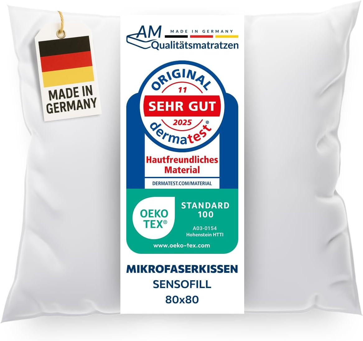 AM Qualitätsmatratzen Premium Mikrofaser Kopfkissen mit Sensofill Füllung Made in Germany 80x80cm - Weiß, Textil (80/80cm) - AM Qualitätsmatratzen