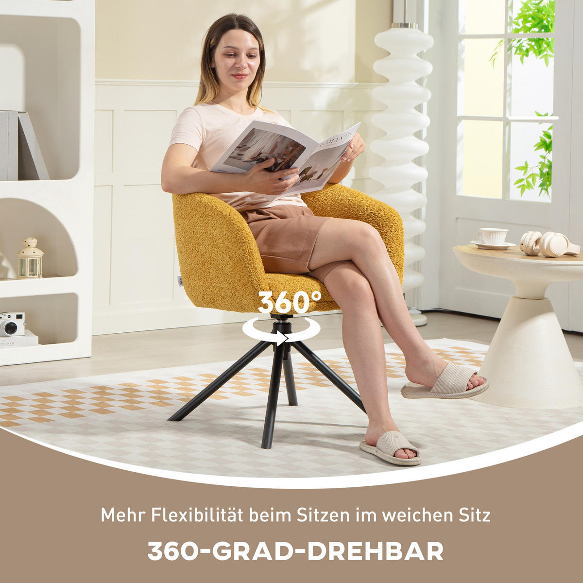 SESSEL Loungesessel mit Armlehne, 360° Drehfunktion, Leinenoptik, Gelb - Gelb, Textil (58.5/78.5/59cm) - HOMCOM