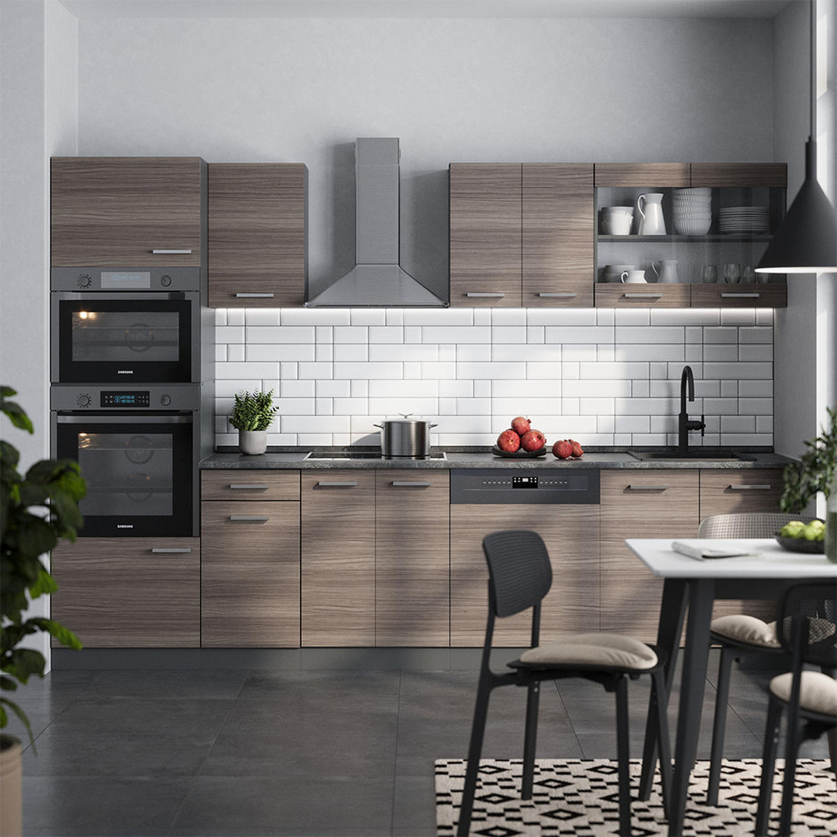 KÜCHENZEILE R-Line Edelgrau/Anthrazit 300 cm mit Hochschrank, ohne Arbeitsplatte - Anthrazit/Braun, Holzwerkstoff (300/81.6/46cm) - Vicco