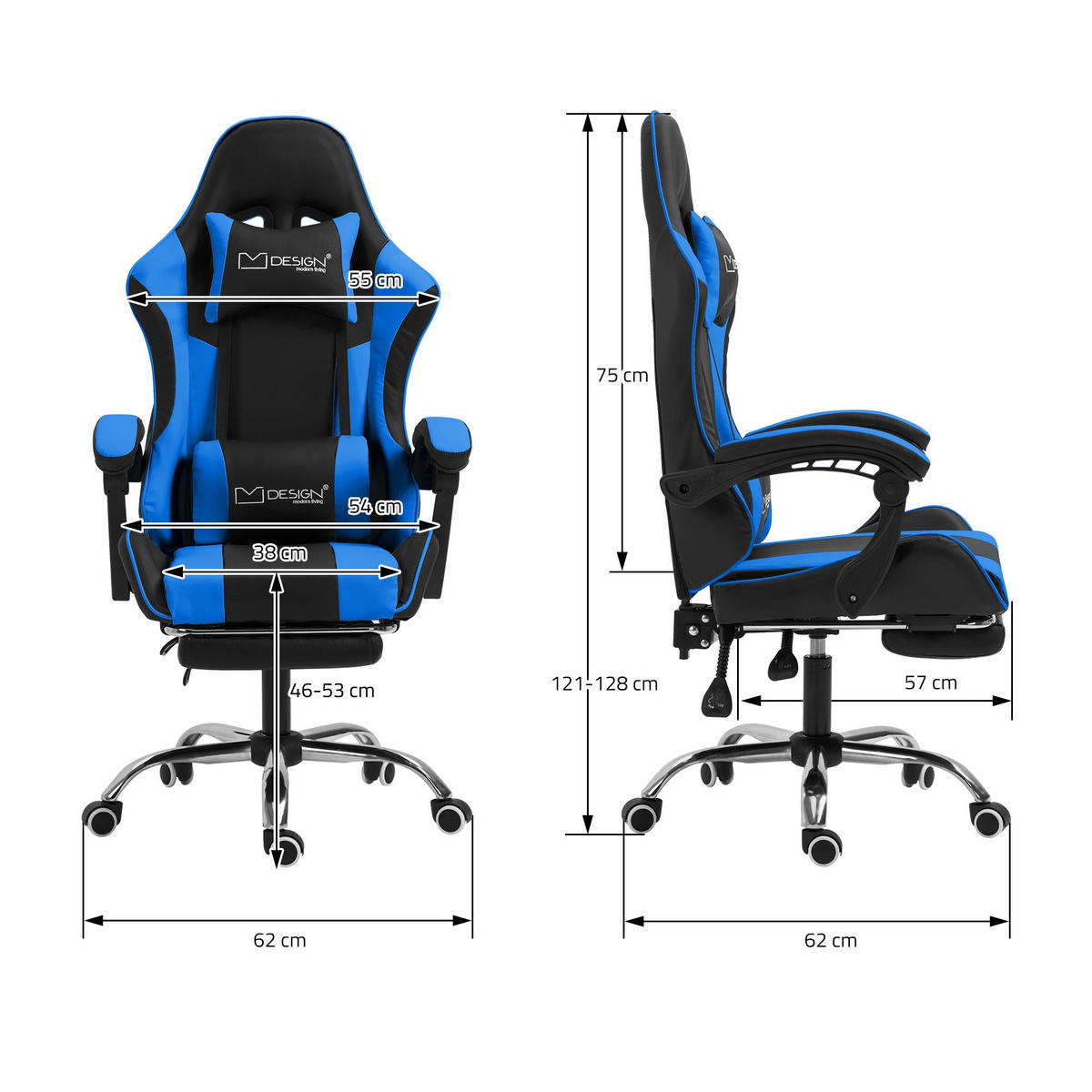 GAMING-STUHL schwarz blau - Blau, Metall (62/128/62cm) - ML-DESIGN