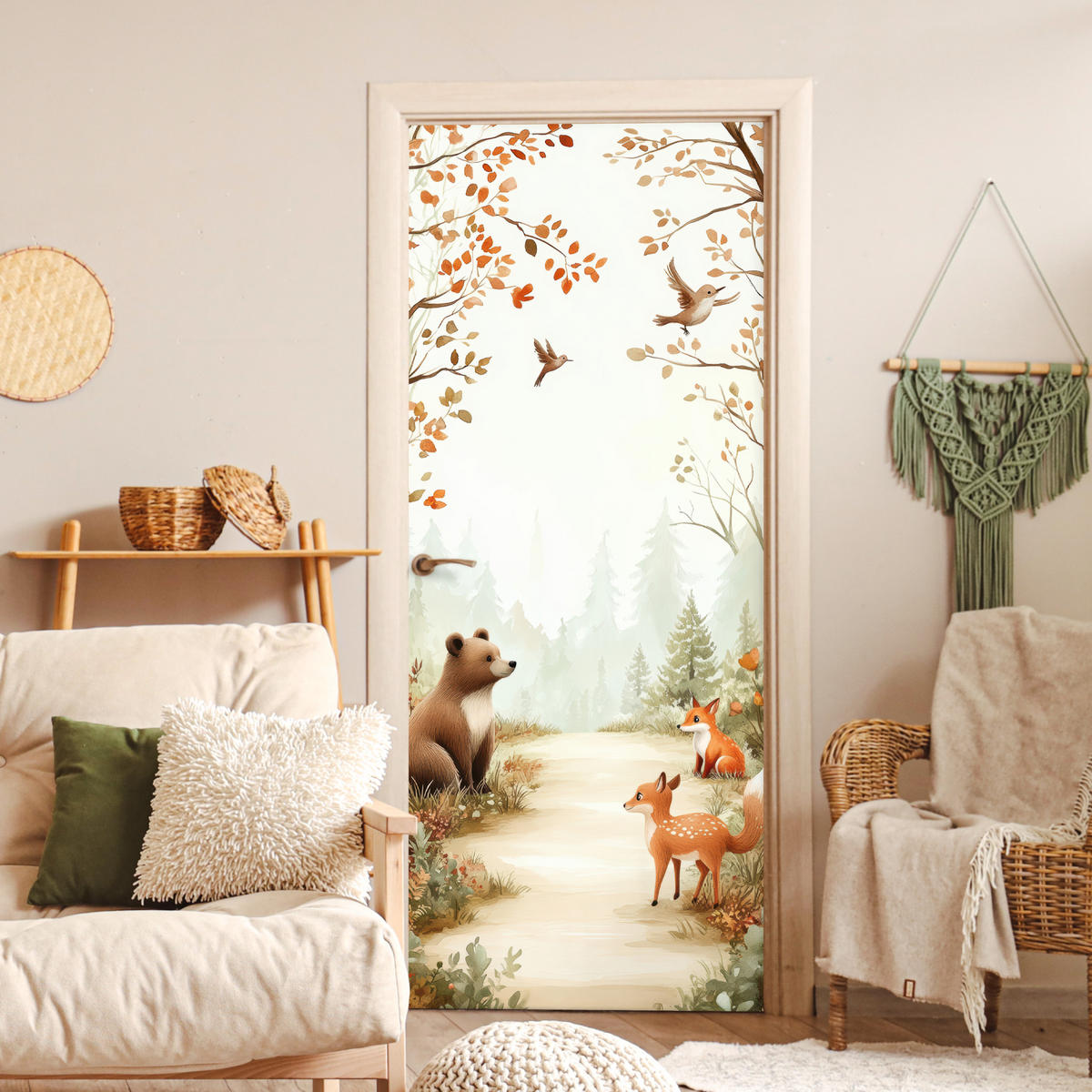FOTOTAPETE Tür - Wald - Herbst - Waldtiere - Bär - Fuchs 95x215 cm - Kastanienfarben, Kunststoff (95/0.1cm) - MuchoWow