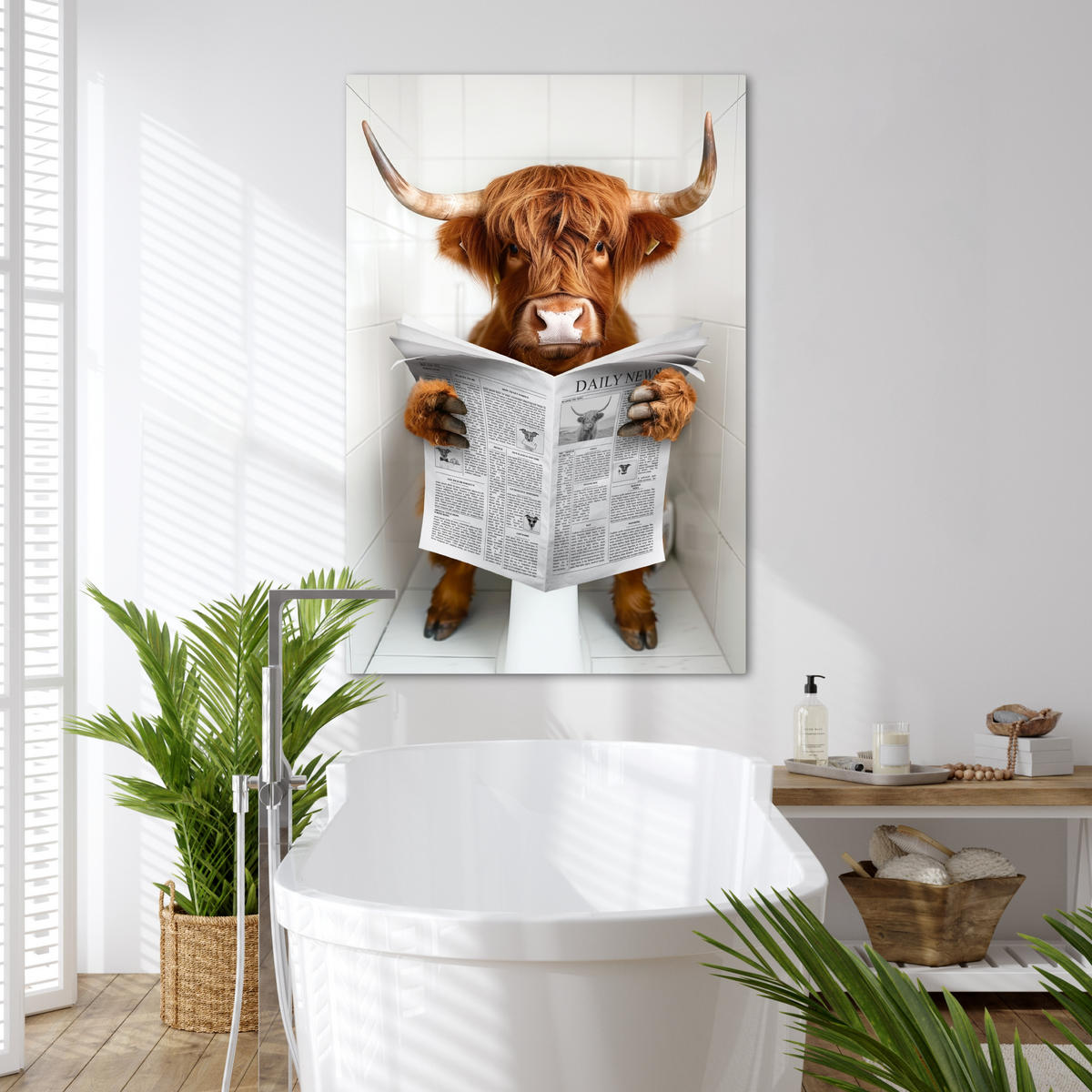 LEINWANDBILD Schottischer Highlander - Tier - Zeitung - Toilette 80x120 cm - Kastanienfarben, Textil (80/120cm) - MuchoWow