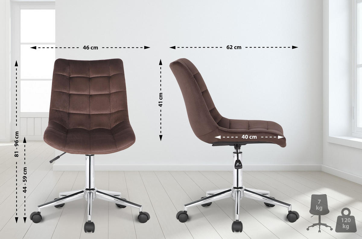 DREHSTUHL Samt braun - Chromfarben/Braun, Textil/Metall (46/81/62cm) - CLP