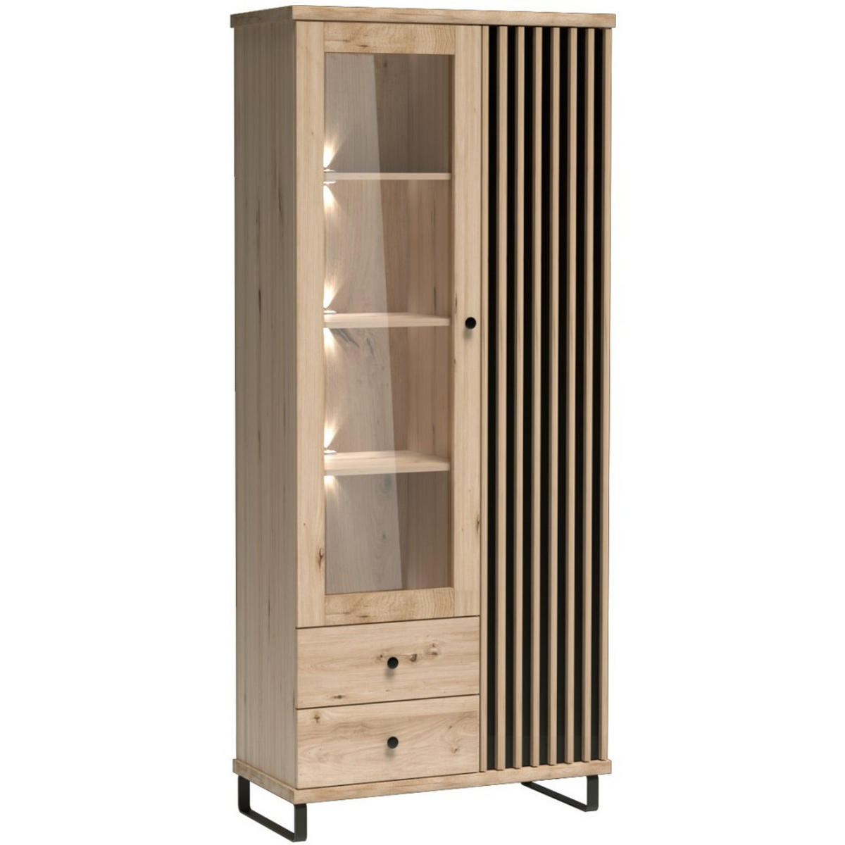 VITRINE Caya mit zwei Türen, zwei Schubladen und LED-Beleuchtung - Schwarz/Eiche Artisan, Holzwerkstoff/Metall (86/201/41cm) - Beautysofa