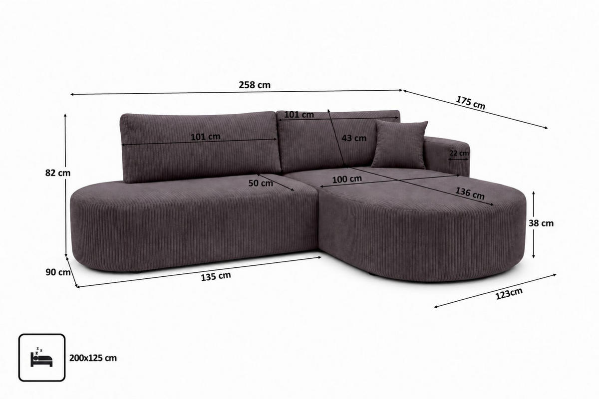 ECKSOFA Mit Schlaffunktion Und Bettkasten, Cordstoff Poso, Dunkelgrau, Rechts, ROUND ONE OPEN XL - Dunkelgrau, Holz (258/175cm) - Kaiser Möbel