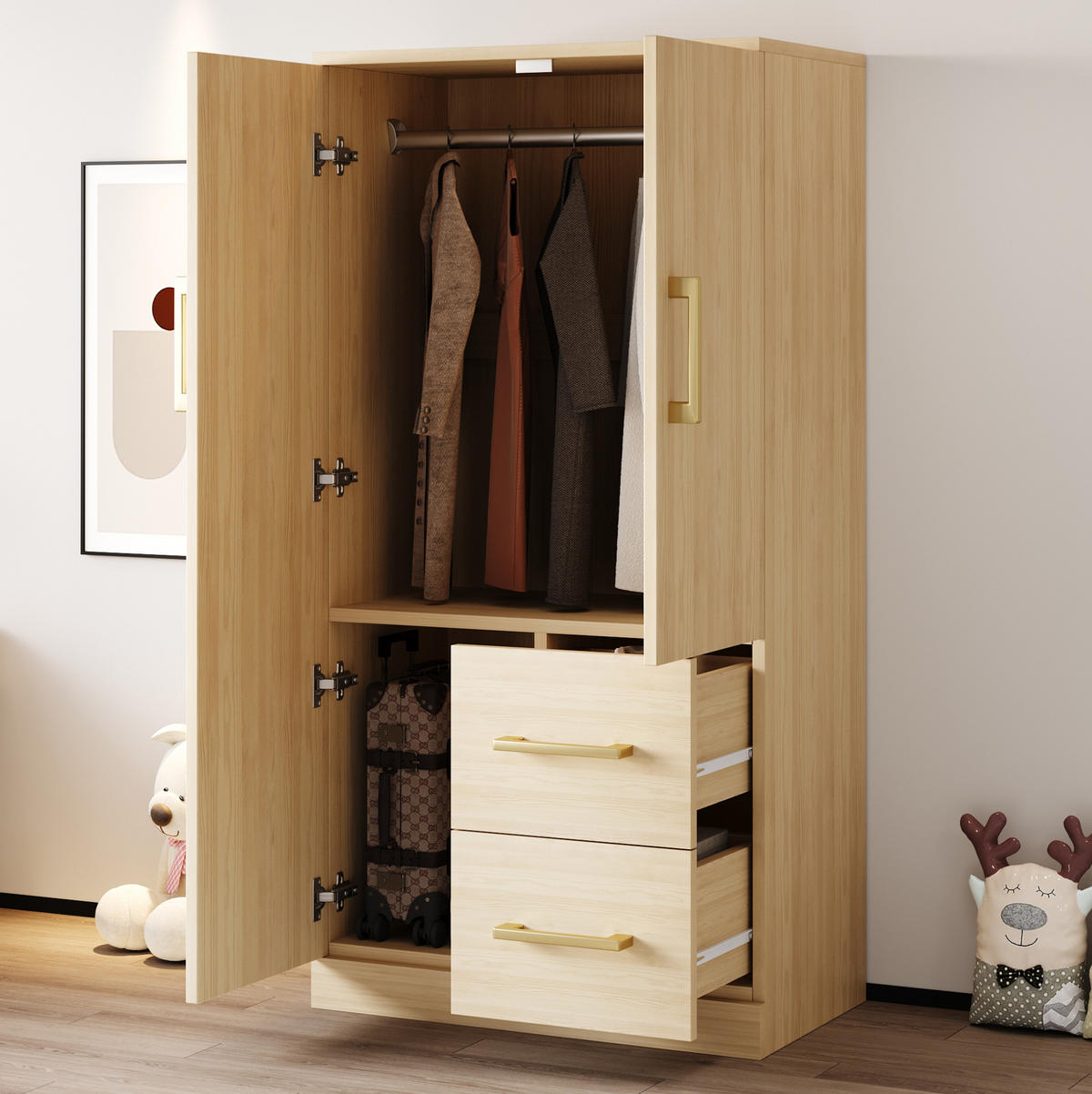 KLEIDERSCHRANK Holz, Doppeltür mit 2 Schubladen & Staufach, 70/40/135 cm, Naturholz - Naturfarben, Holz (70/135/40cm) - Redom