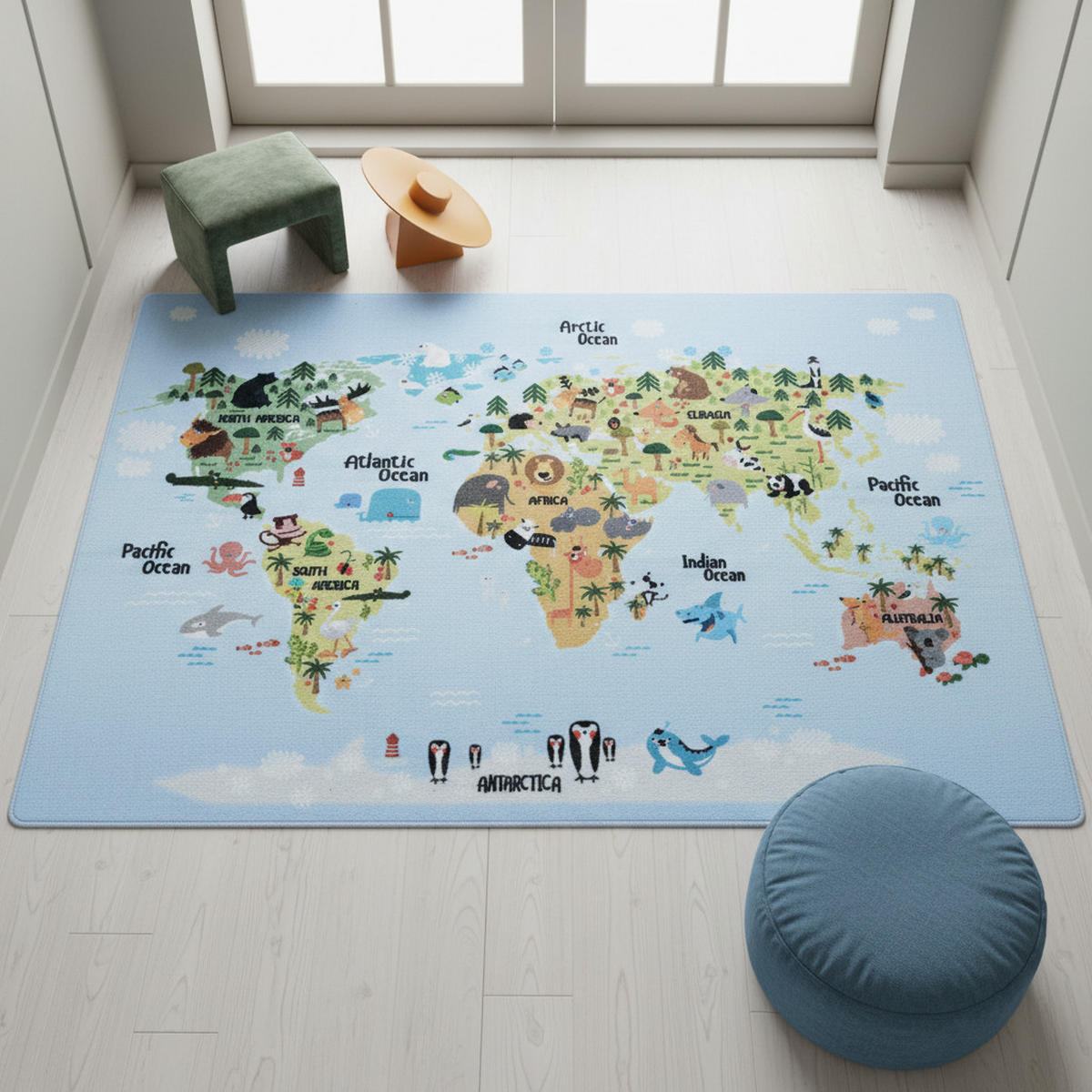 KINDERTEPPICH Weltkarte Pflegeleicht Waschbar Kinderzimmer OEKO-TEX Blau 140x200 cm Flur – TRAUN - Blau, Textil (140/200cm) - KADIMA DESIGN