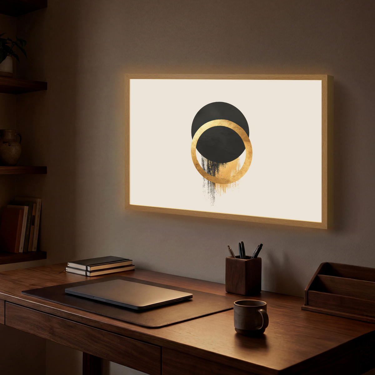 NÁSTĚNNÁ LAMPA S AKUMULÁTOREM Abstraktní design - Černý kruh - Skvrny od barvy 60x40 cm - krémová, kompozitní dřevo (60/40/8cm) - OnlyWow