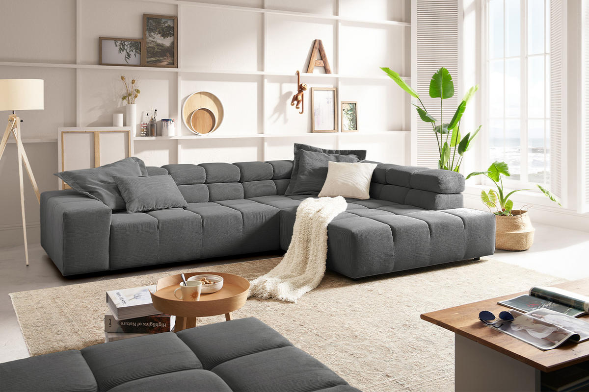ECKSOFA NEVADA Anthrazit Cord - Anthrazit/Schwarz, Kunststoff/Textil (319/215cm) - KAWOLA