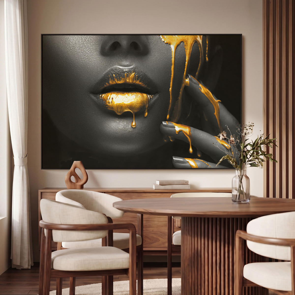 LEINWAND Bilder mit Rahmen - Frau - Schwarz - Gold - Gesicht - Lippen - 150x100 - Goldfarben, Textil (150/100cm) - MuchoWow