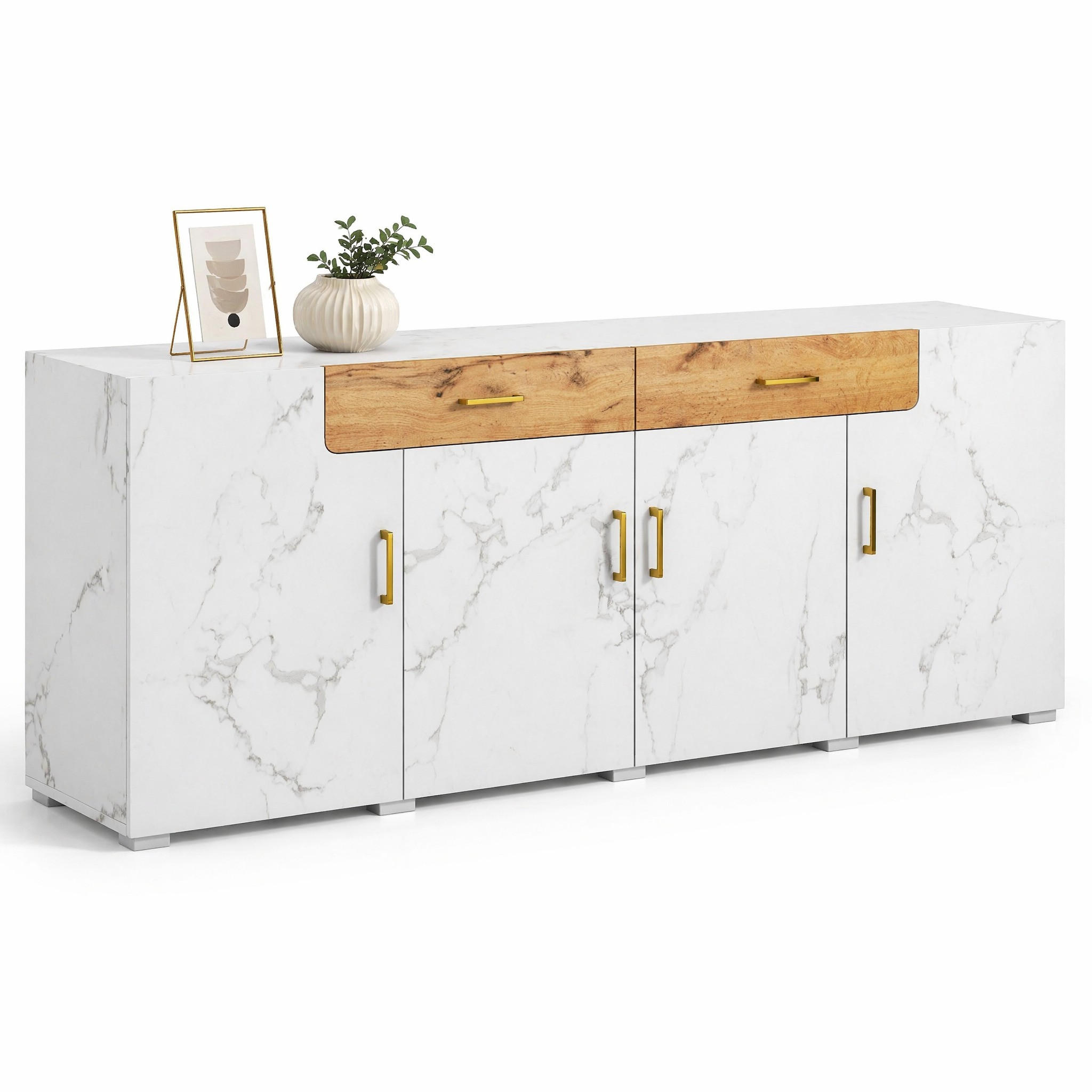 SIDEBOARD i vit med 4 dörrar och 2 lådor för kök & vardagsrum, B208/D39,5/H80cm - Vit/Brun, Trä/Träbaserade material (208/80/39.5cm) - STILVORA