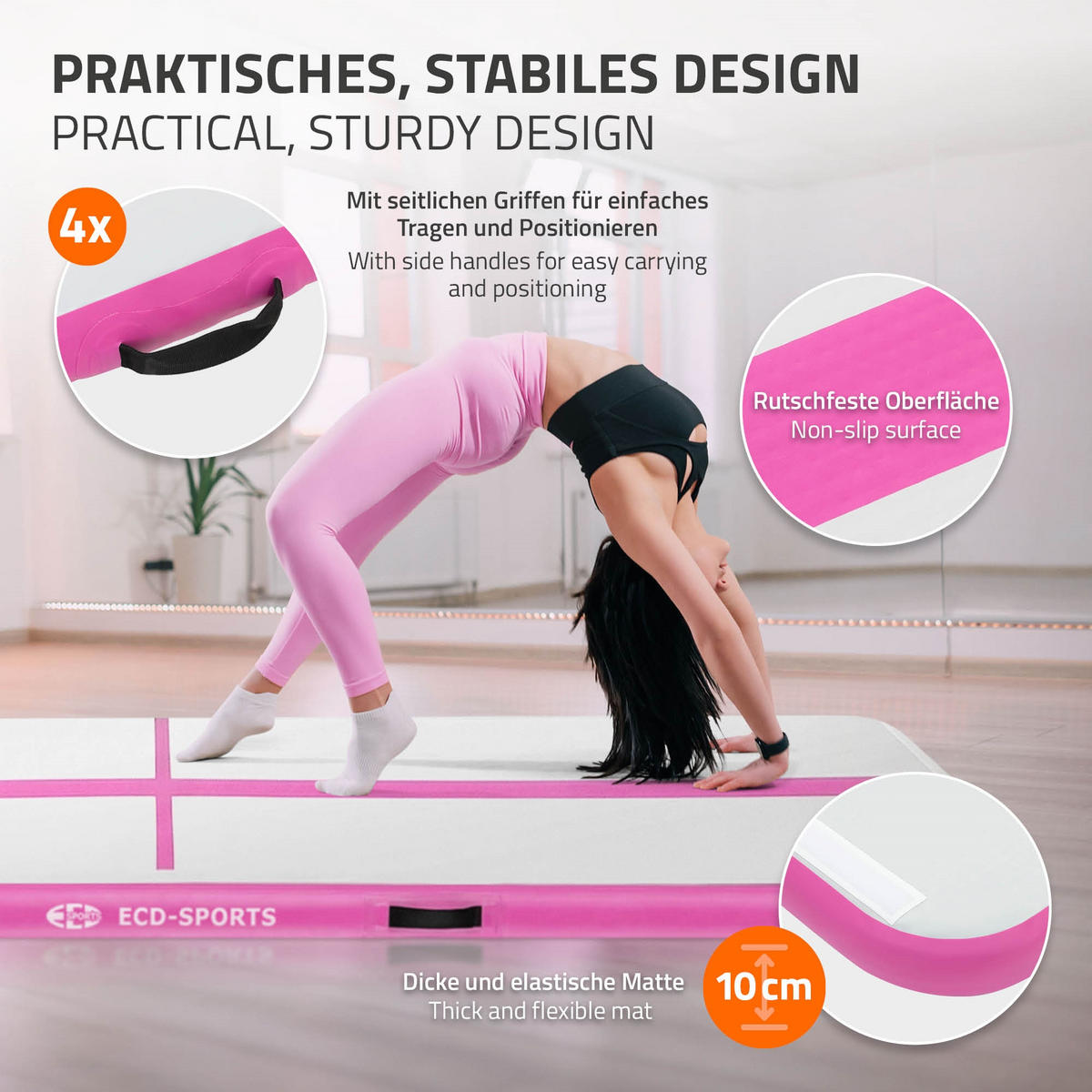 NAFUKOVACÍ gymnastická podložka Airtrack 400x100x10 cm růžová - růžová, plast (100/400cm) - ECD-Germany