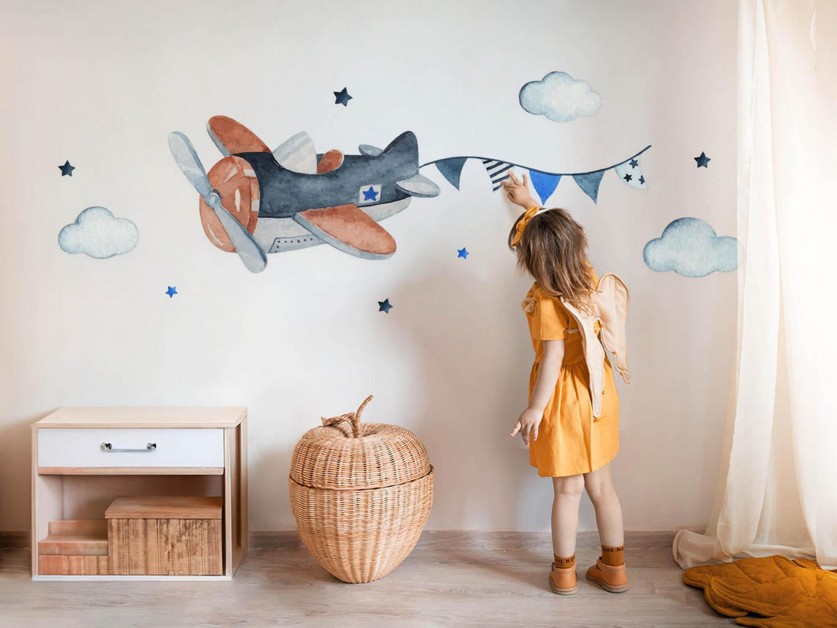 WANDAUFKLEBER 130x206cm - Pastellfarbenes Flugzeug - Multicolor, Kunststoff (130/206/0.1cm) - Wallfluent