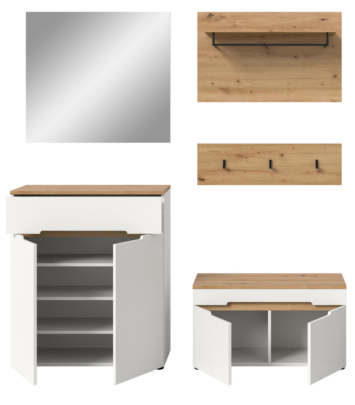 GARDEROBEN-SET weiß, Eiche Artisan 5-teilig 175 cm, Komplett-Set mit Soft-Close - Weiß, Glas/Holzwerkstoff (175/190/37cm) - Inn.Furn