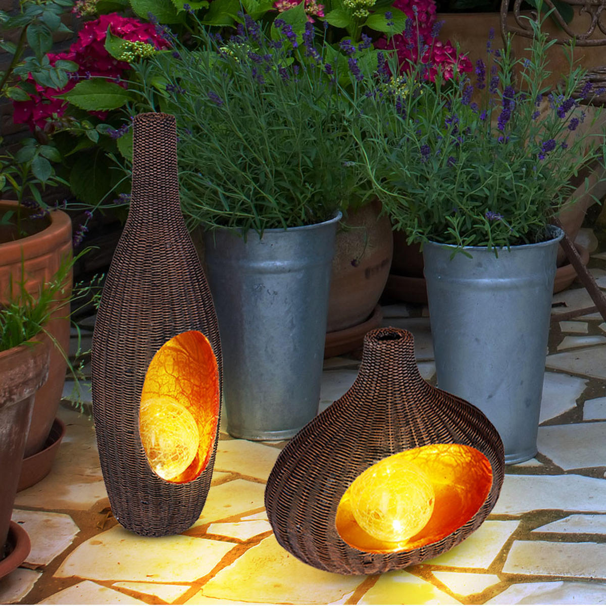 LED AUSSENLEUCHTE Rattan Braun Gold - Braun, Glas (14.3/13/45.5cm) - Globo Lighting
