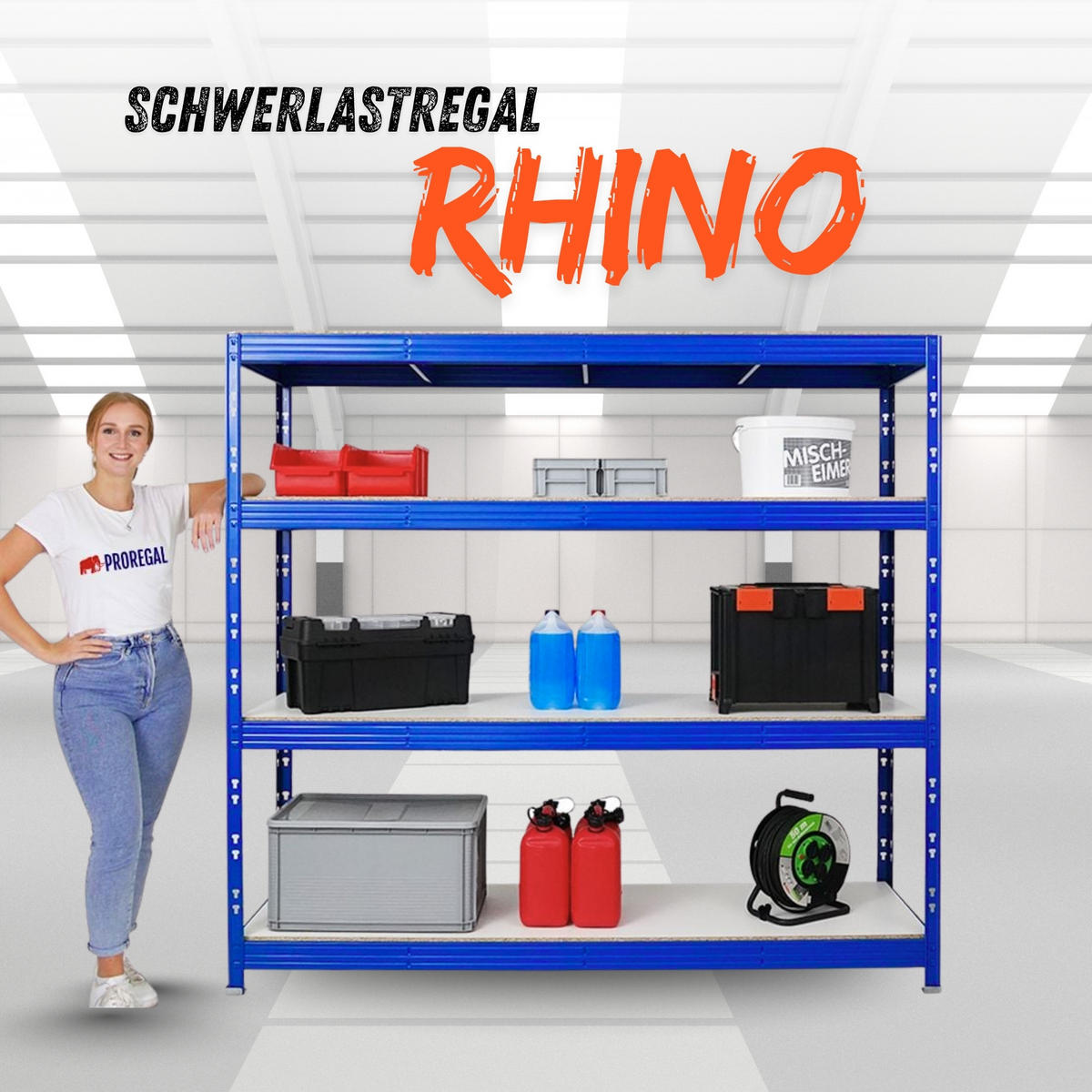 SCHWERLASTREGAL Rhino 180x200x60 cm 4 Melamin-Ebenen 16mm Fachlast 500 kg Blau - Blau/Weiß, Metall (200/180/60cm) - PROREGAL