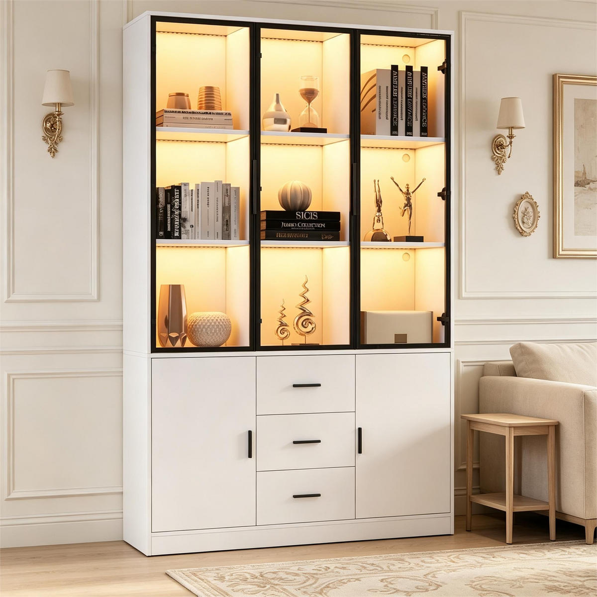 VITRINE 120x30x200 cm Weiß mit LED und 3 Schubladen - Weiß, Holzwerkstoff (120/200/30cm) - FLIEKS