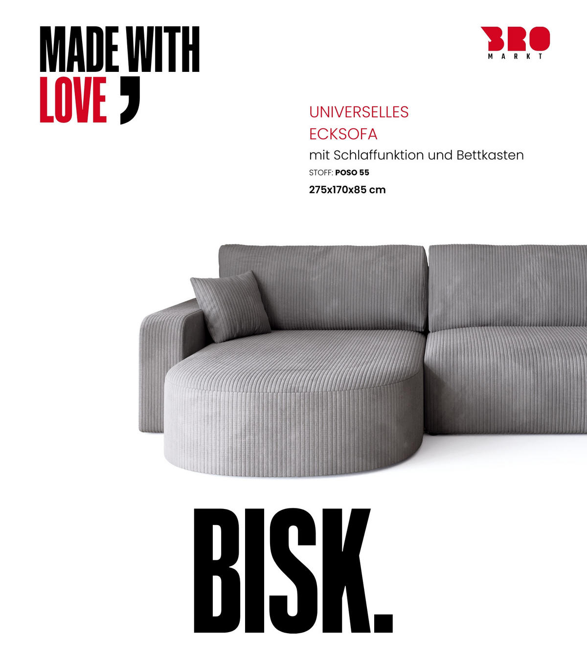 ECKSOFA Bisk mit Schlaffunktion Hellgrau Cordstoff - Hellgrau, Textil (275/170cm) - Bromarkt