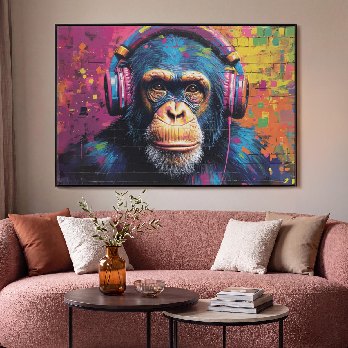 LEINWAND Bilder mit Rahmen - Graffiti - Schimpanse - Straßenkunst - Kopfhörer - Affe - 120x80 - Blau, Textil (120/80cm) - MuchoWow
